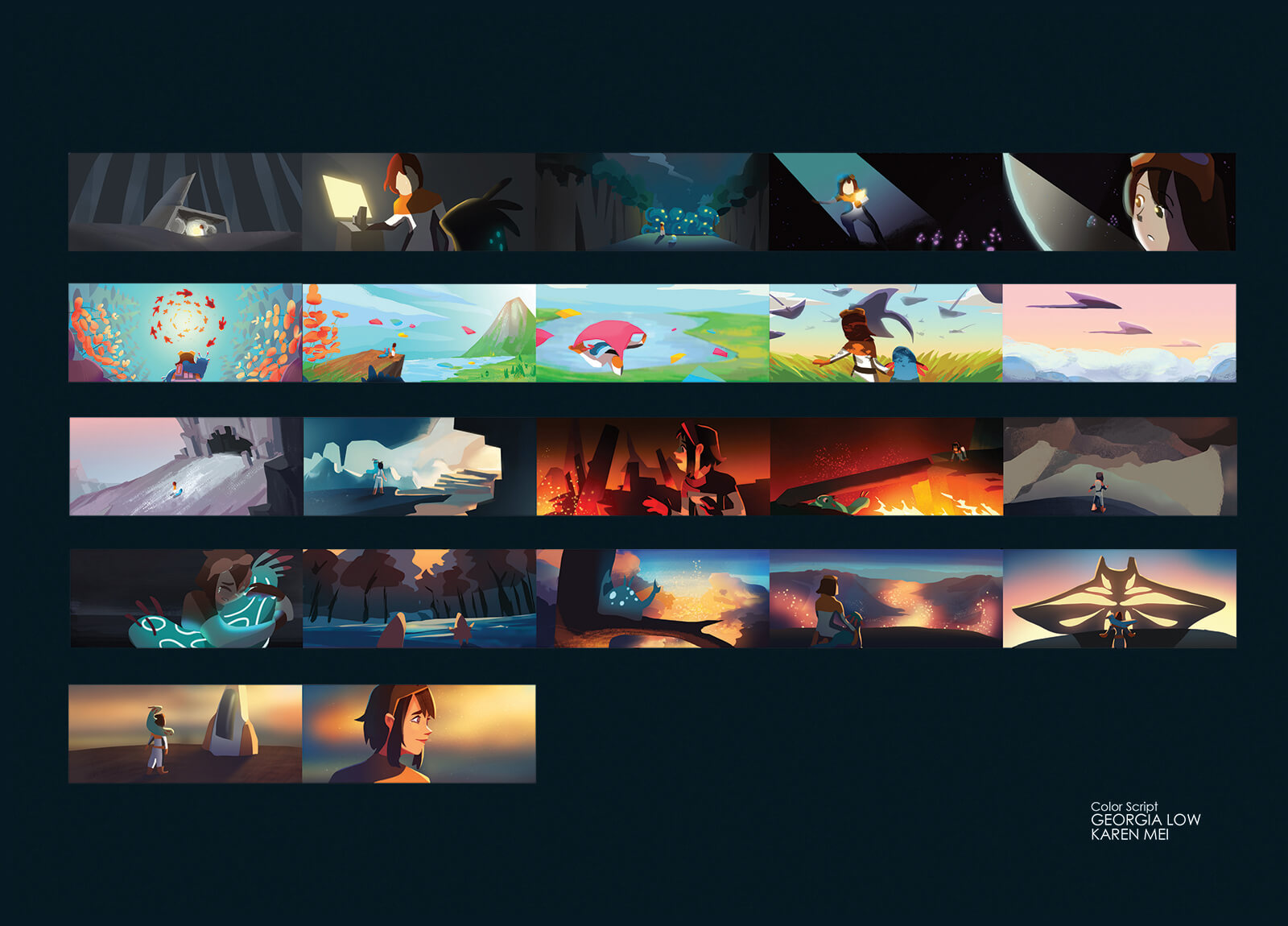 Color script by Georgia Low and Karen Mei showing various scenes from The Way Home animation.