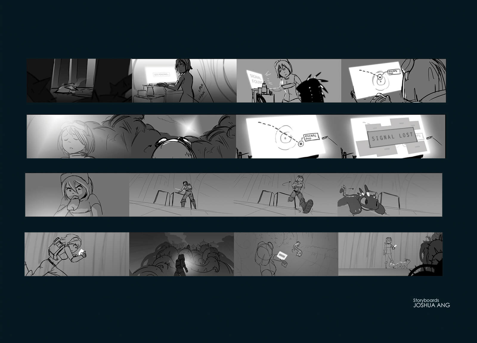 Grayscale storyboard drawings by Joshua Yang showing an action sequence from The Way Home.