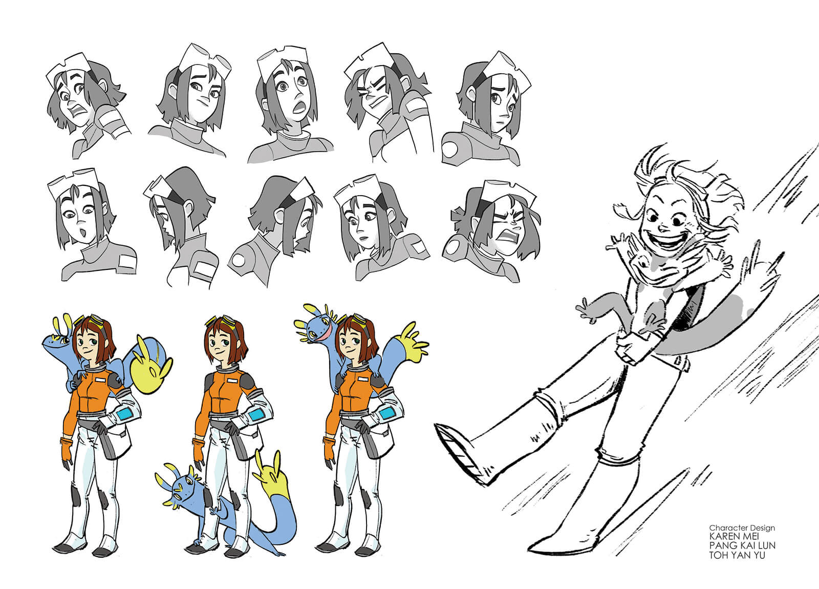 Character design sketches by Karen Mei, Pang Kai Lun, and Toh Yan Yu showing a young astronaut and friendly alien creature.