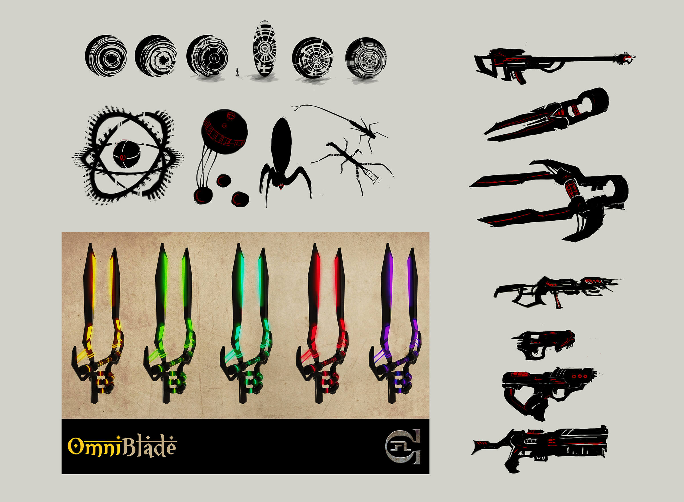 Sketches of various futuristic tools and implements including pistols, rifles, and "OmniBlades" of various colors.