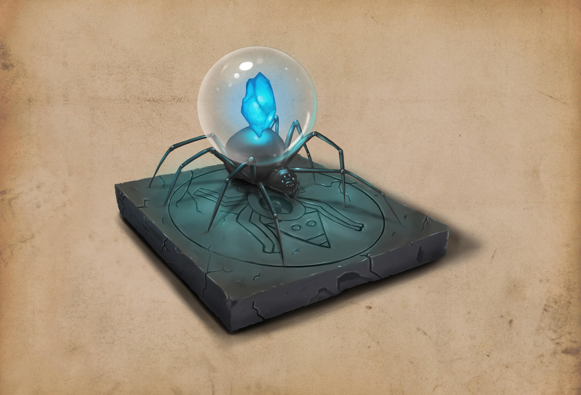 A large black spider with a glowing blue shard on its back, resting on a stone slab with a tribal symbol carved into it.