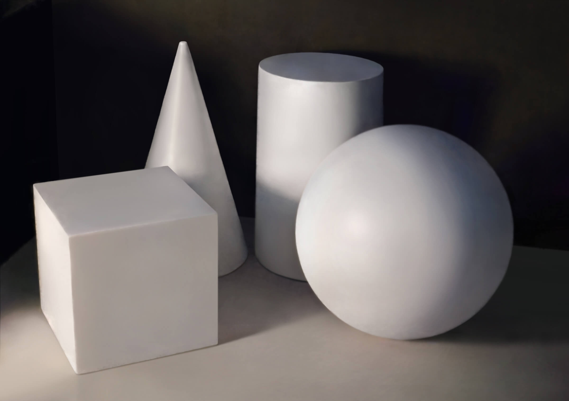 A still life digital painting of plain white shapes (a cube, sphere, cylinder, and cone) lit from the left.