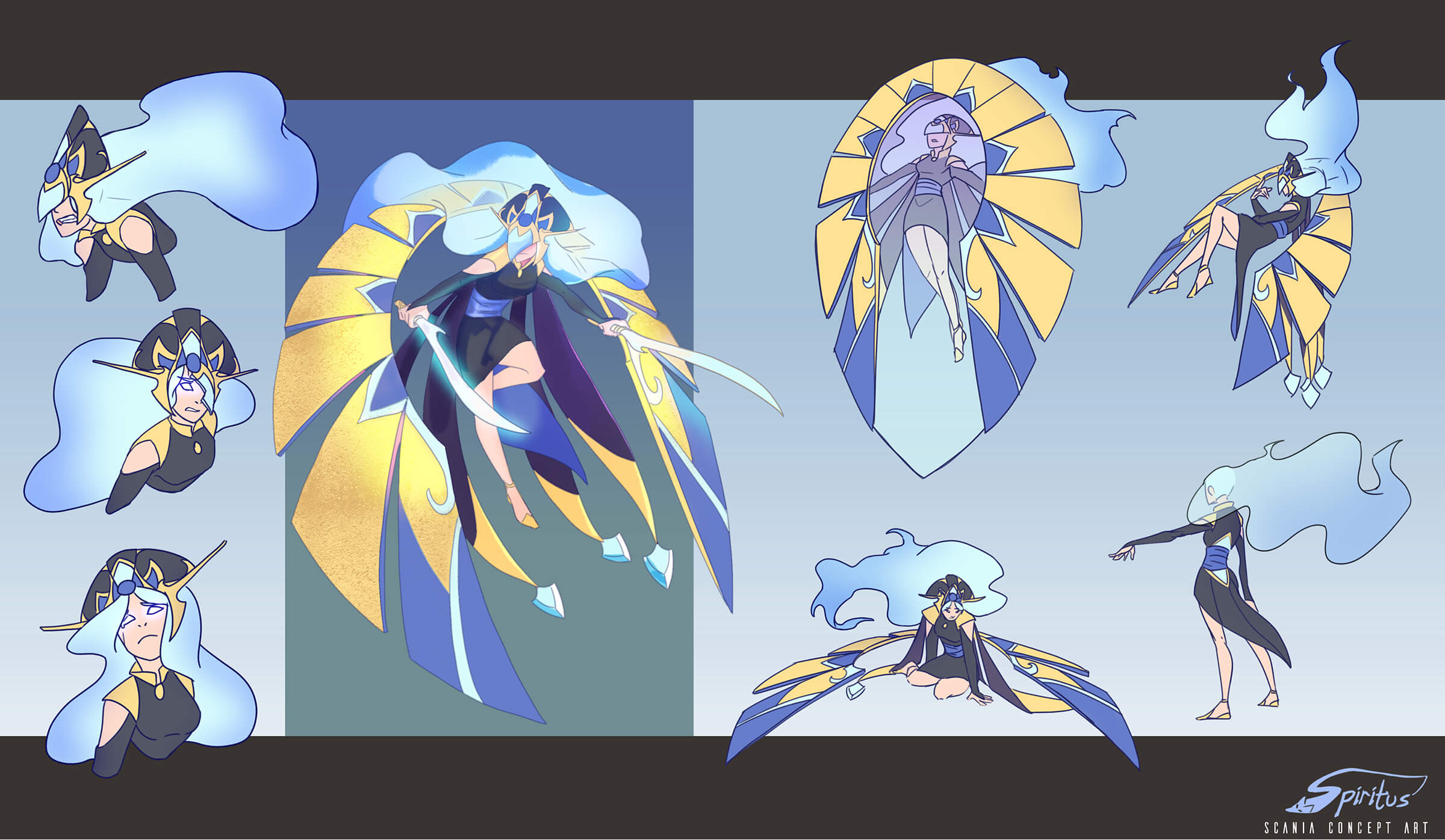Concept art of an angelic warrior with wispy white hair, in a black tunic draped by gold and blue wings in various poses.