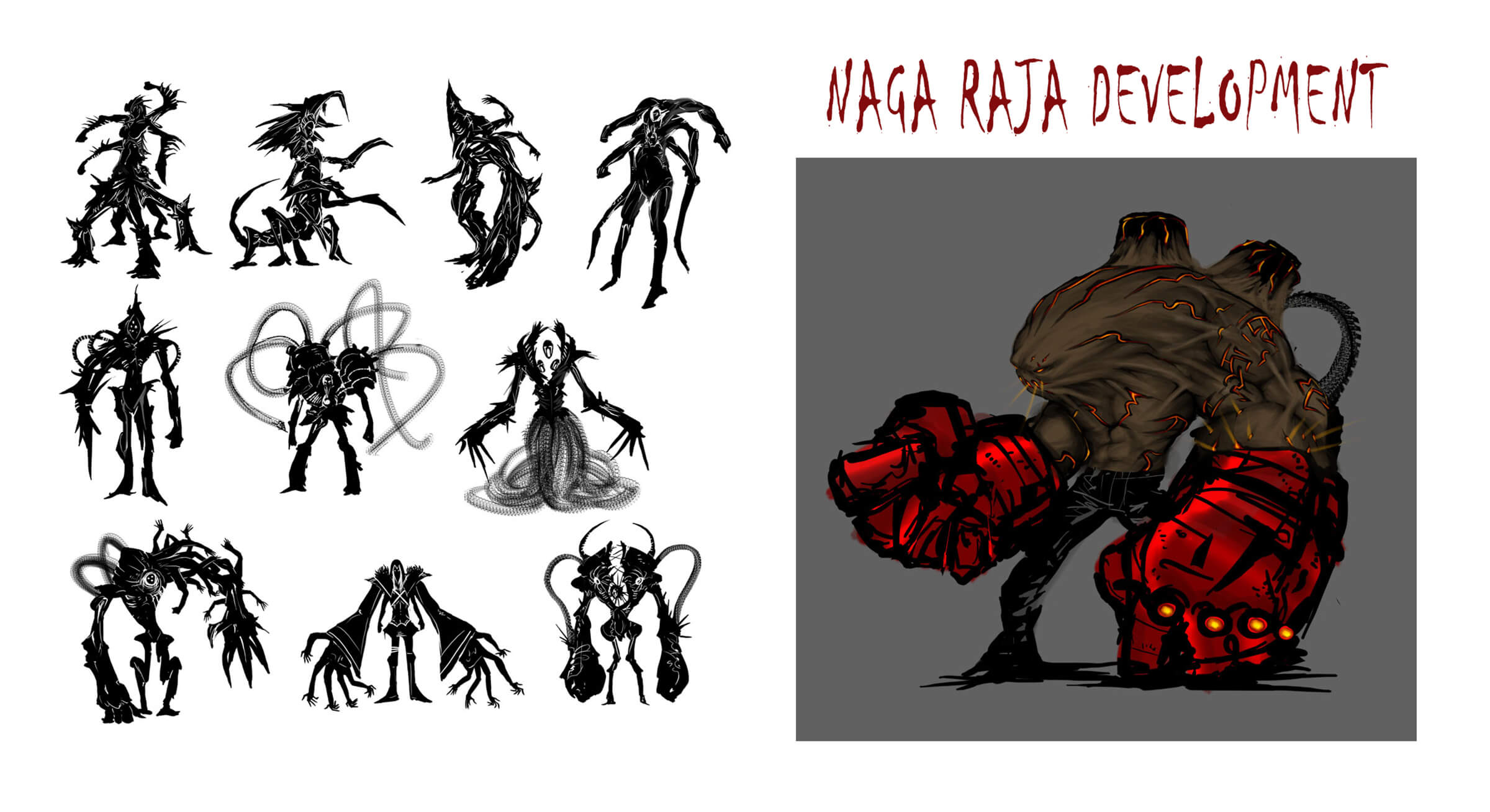 Black-and-white development sketches of an angular multi-armed/legged beast, some with cybernetic augmentations.
