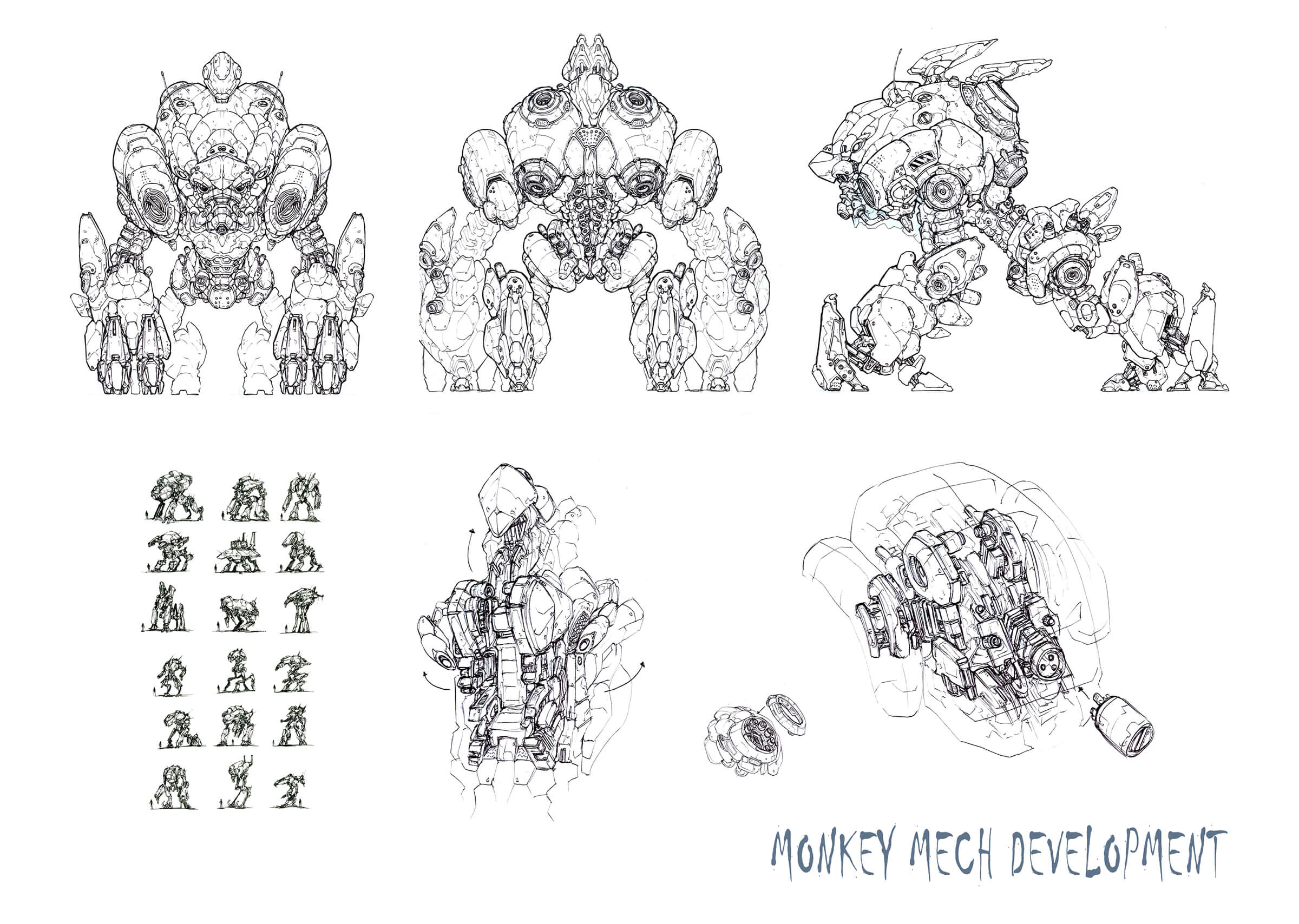 Black-and-white concept sketches and cross-sections of a hulking, quadrupedal mech machine in various resting poses.