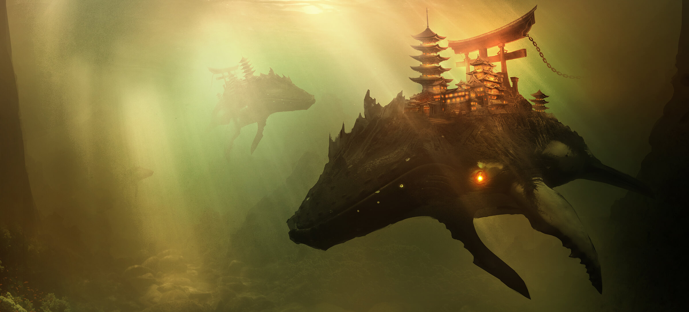 Whales swim through murky, rocky water, carrying pagoda-style castles and torii gates on their back.