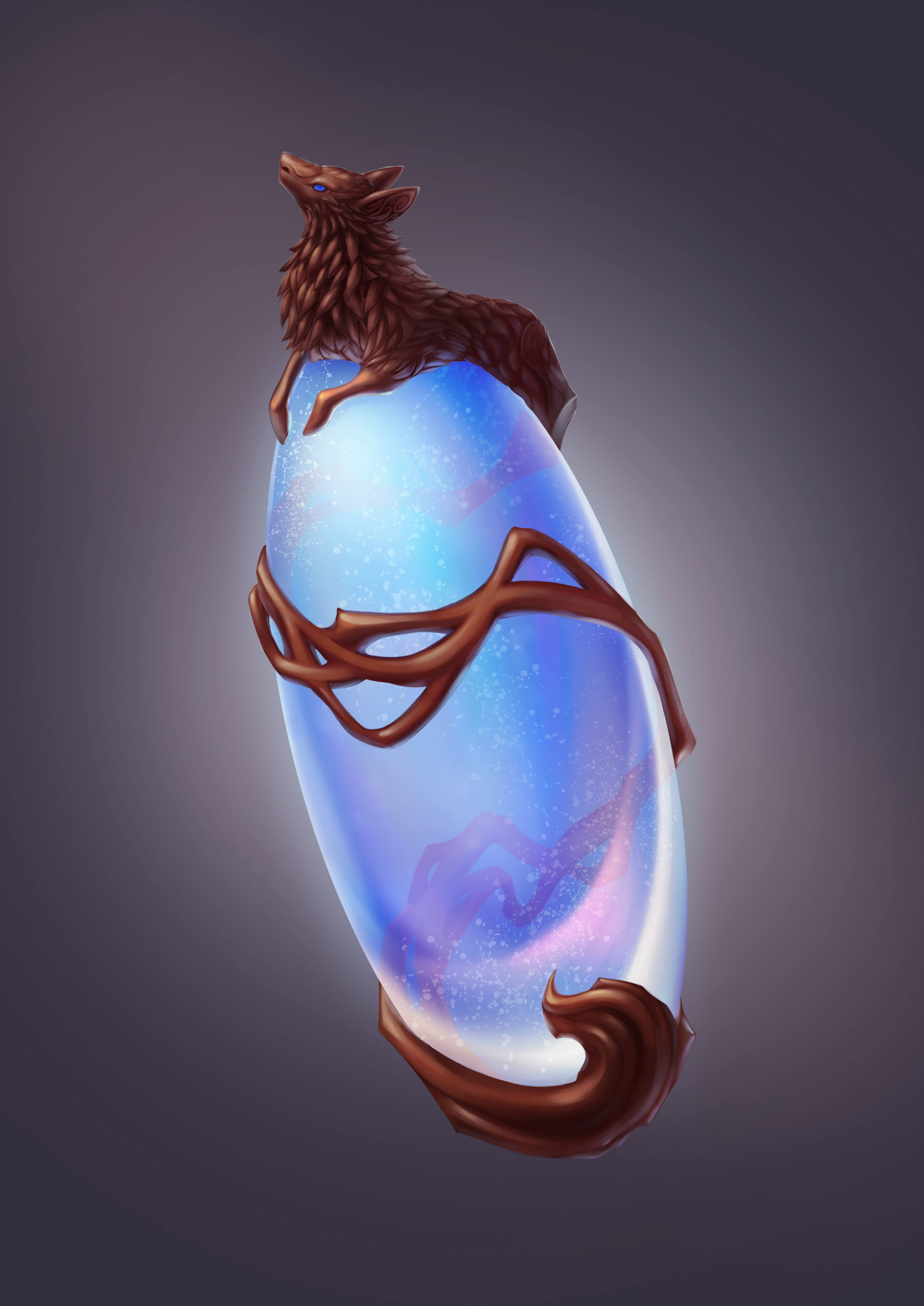 A translucent blue, egg-shaped gem enveloped by a brown lamb-like figure elongated to wrap around the gem's entirety.