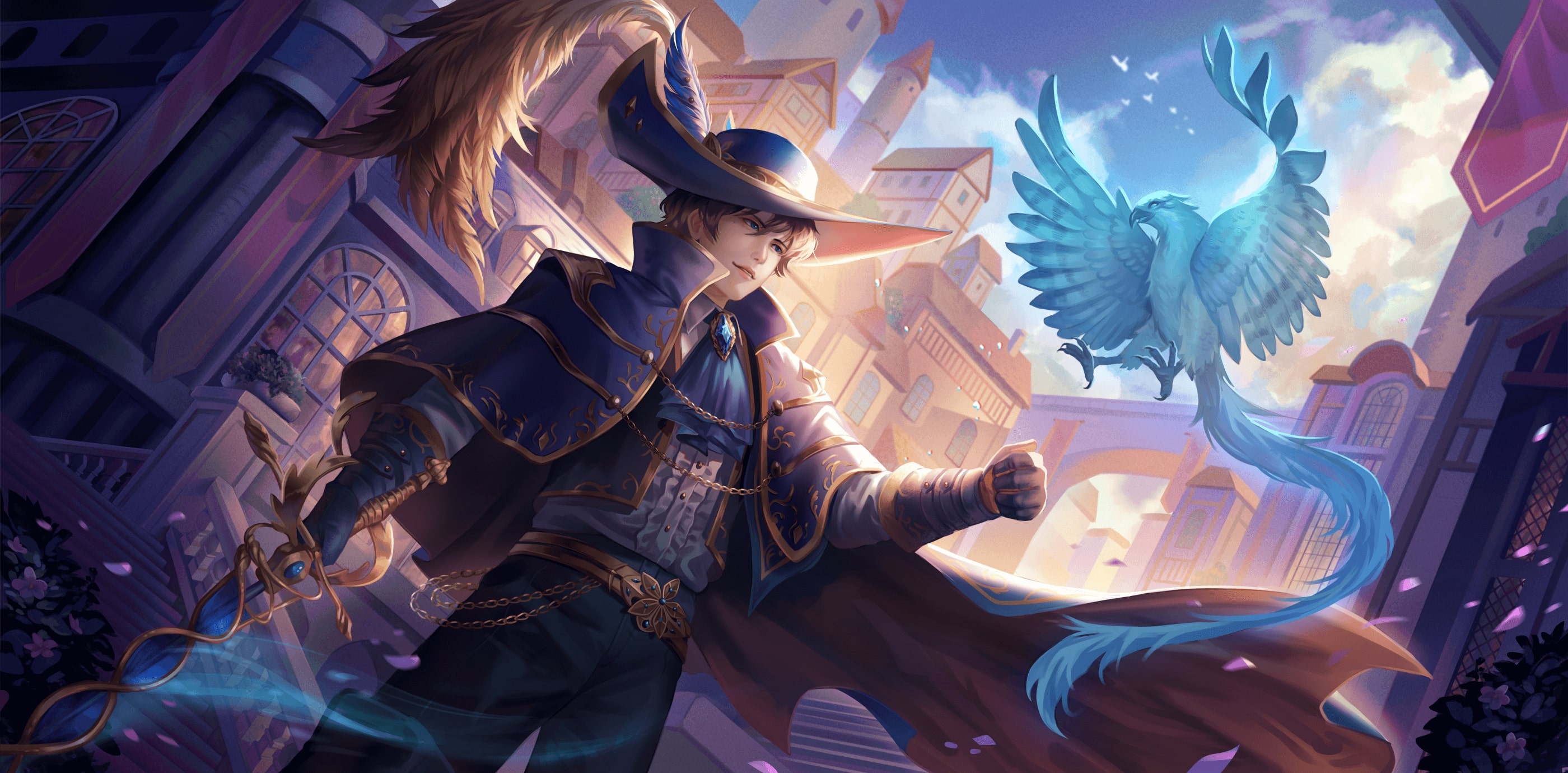 Digital artwork of a noble swordsman and a magical blue bird