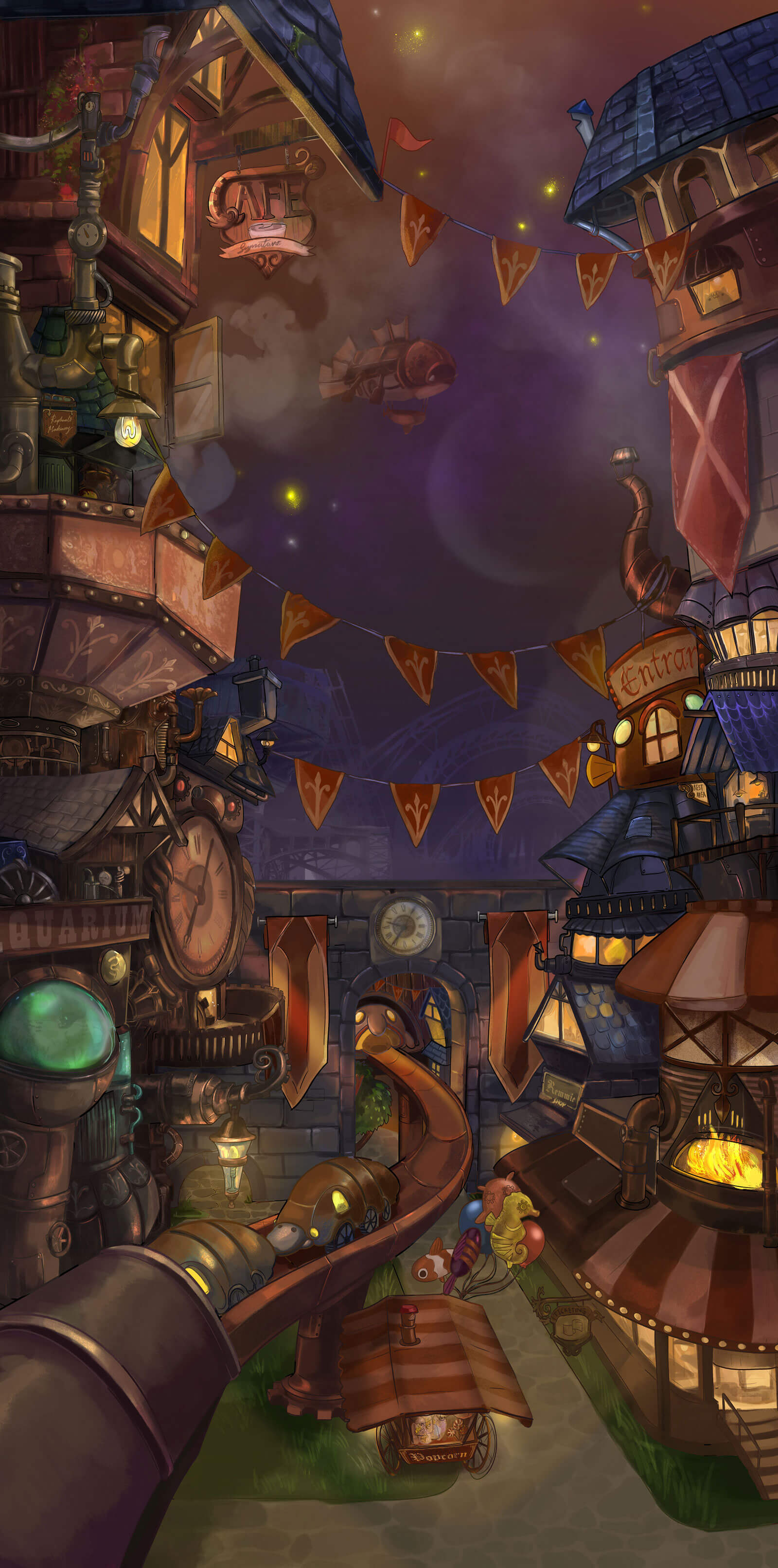 A lively, steampunk-style city scene at night.