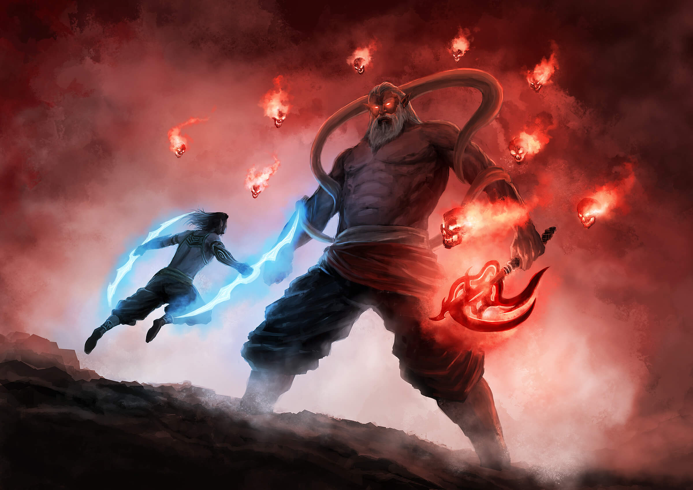 A man wielding glowing, double-sided blades leaps at an enormous, horned demon surrounded by flaming red skulls.