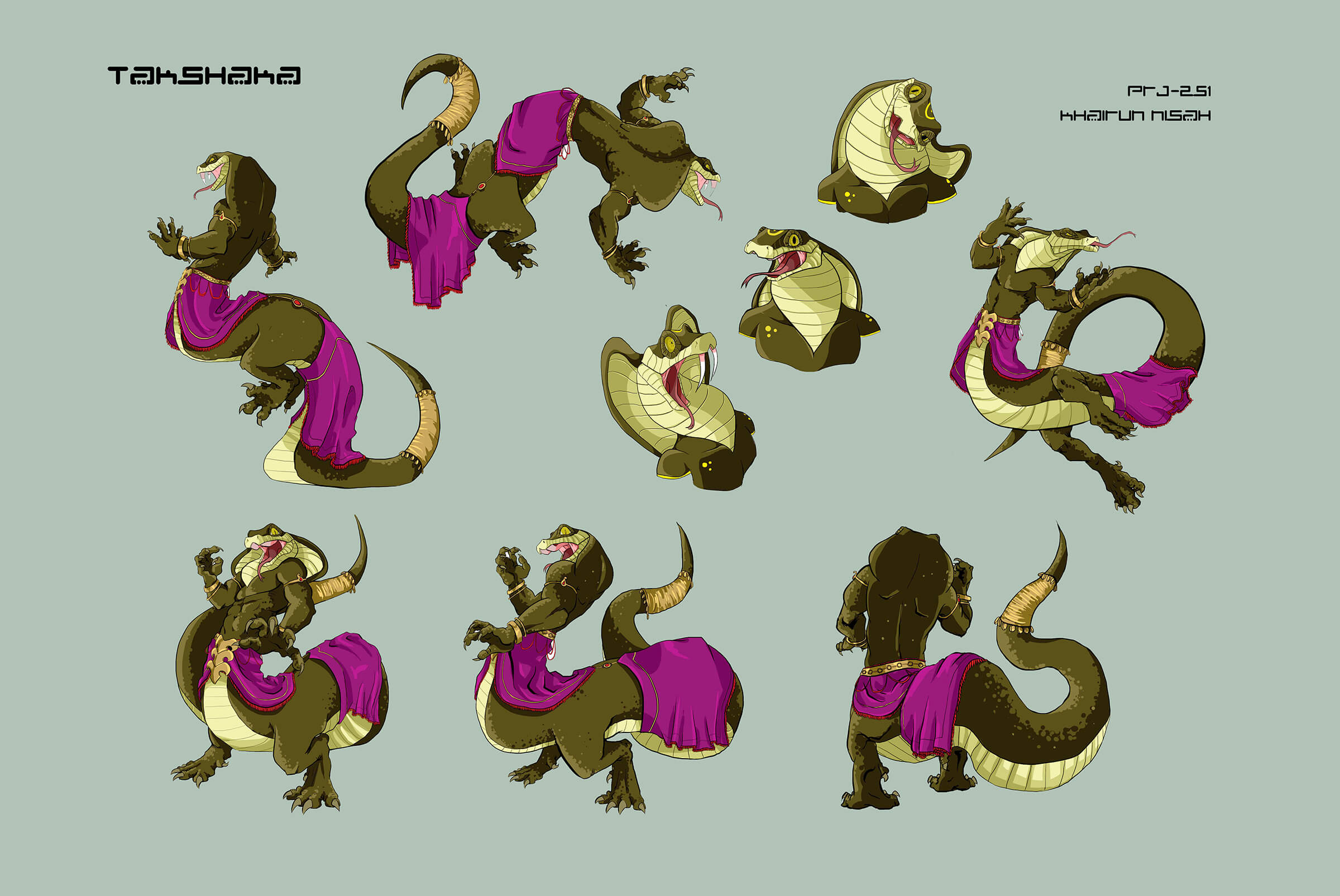 Character sketches of a green naga-like creature in a purple skirt as it dances and delivers various reactions.