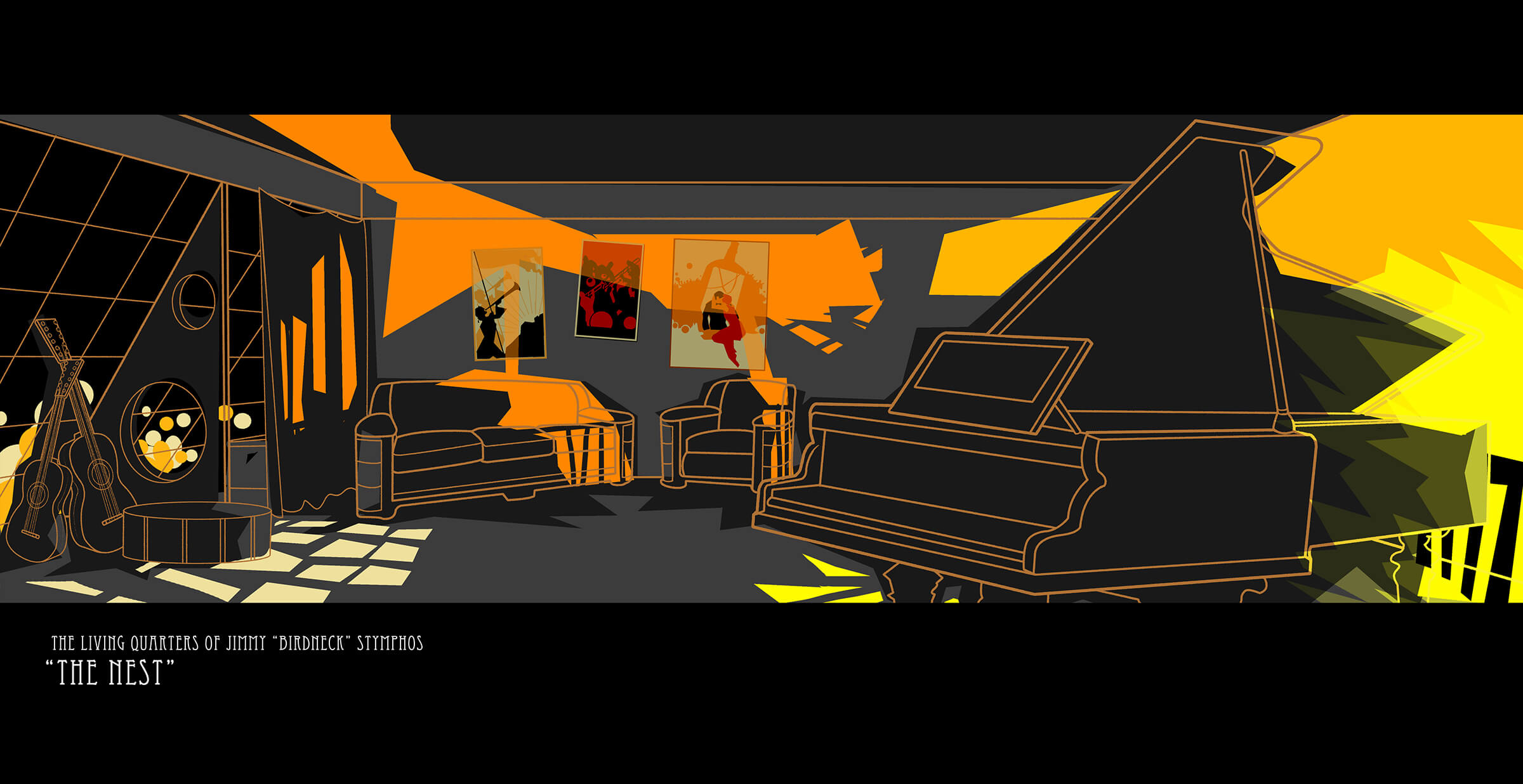 Jazz-era living room shaded stylistically in oranges, blacks, and yellows featuring a grand piano, couches, and guitars.