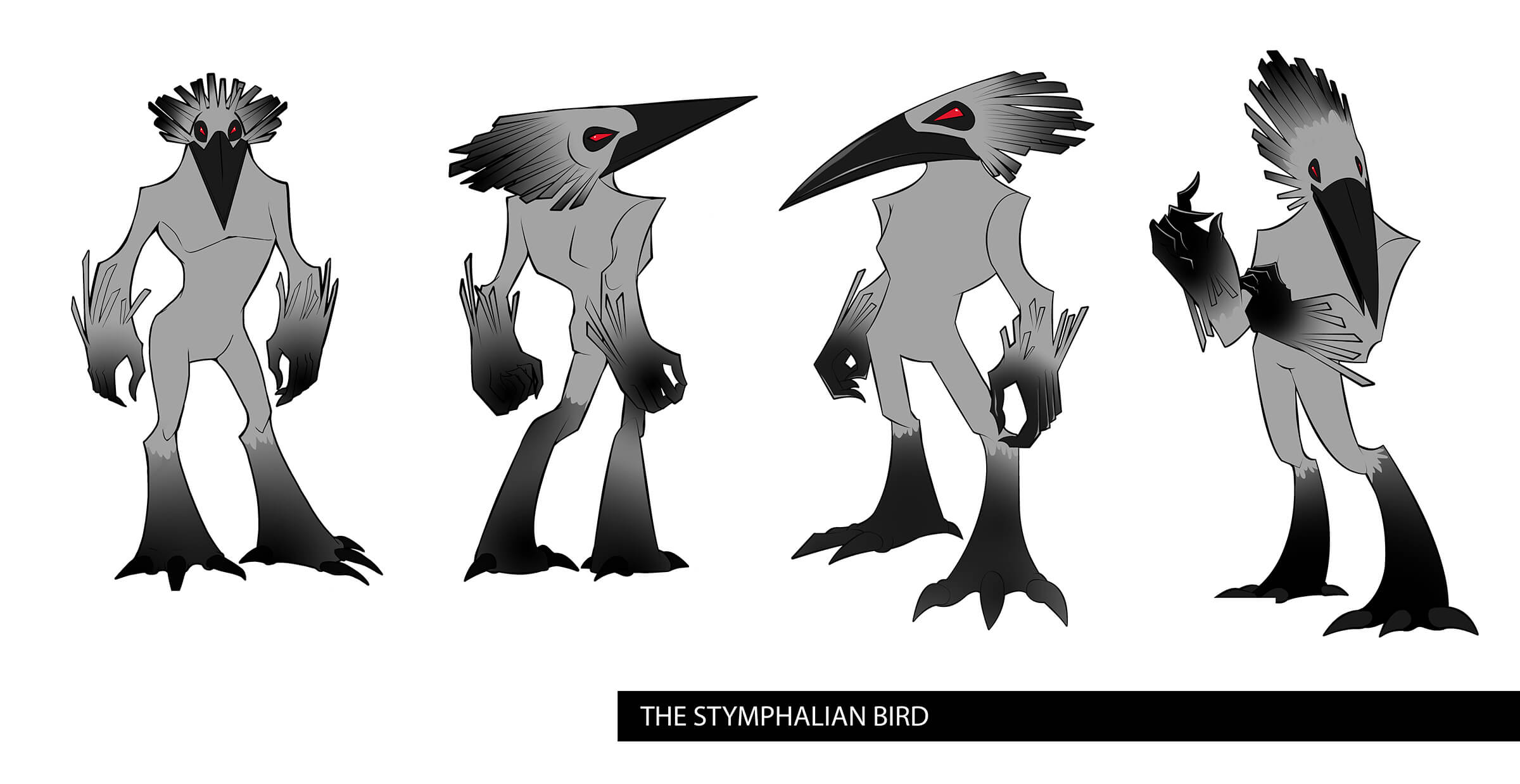 Turnaround sketches of a gray, bi-pedal bird-beast with a fiercely angular head ending at a sharp, black beak.