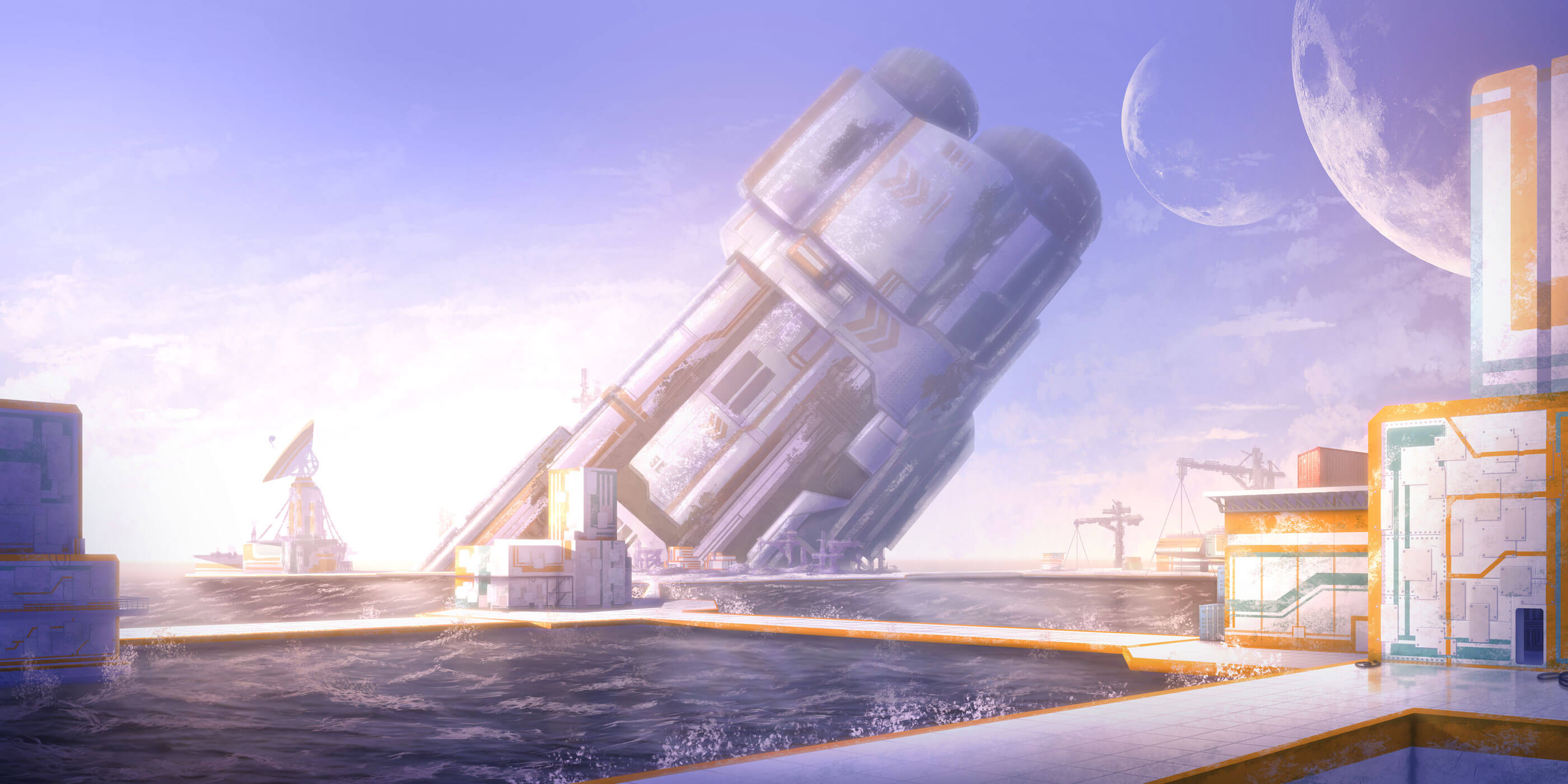 Futuristic industrial buildings under two daylit moons.