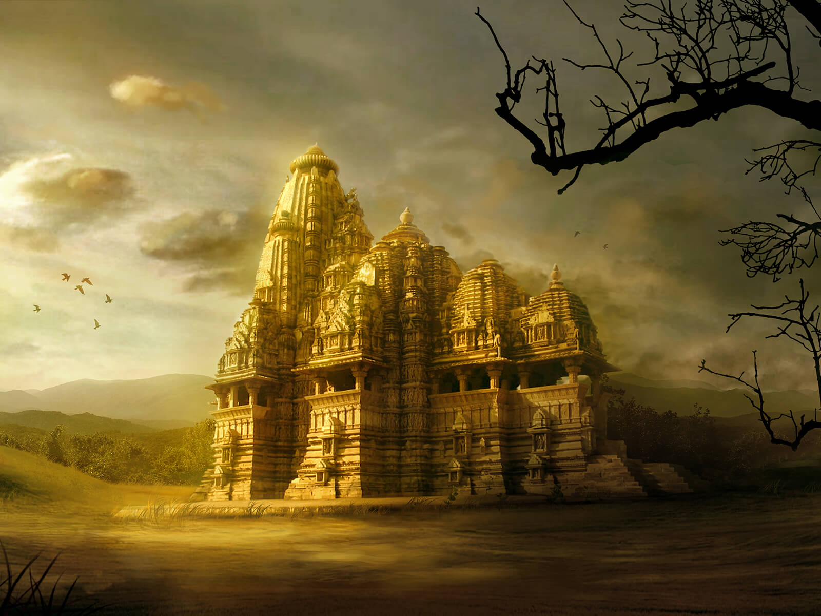 An ornate, abandoned stone temple standing in a grassy clearing, glowing gold in the sunlight.