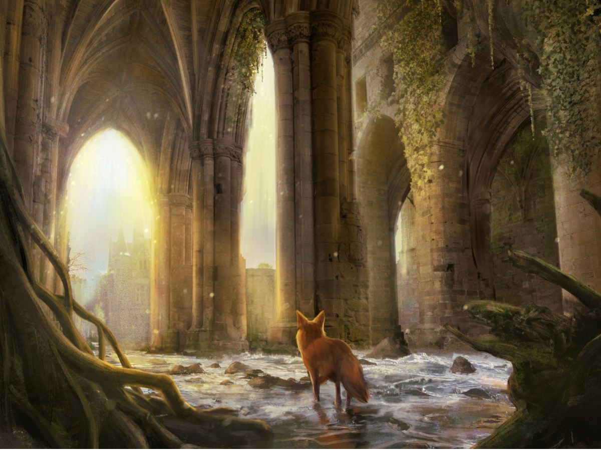 Digital artwork of a fox standing on a river inside an old ruin