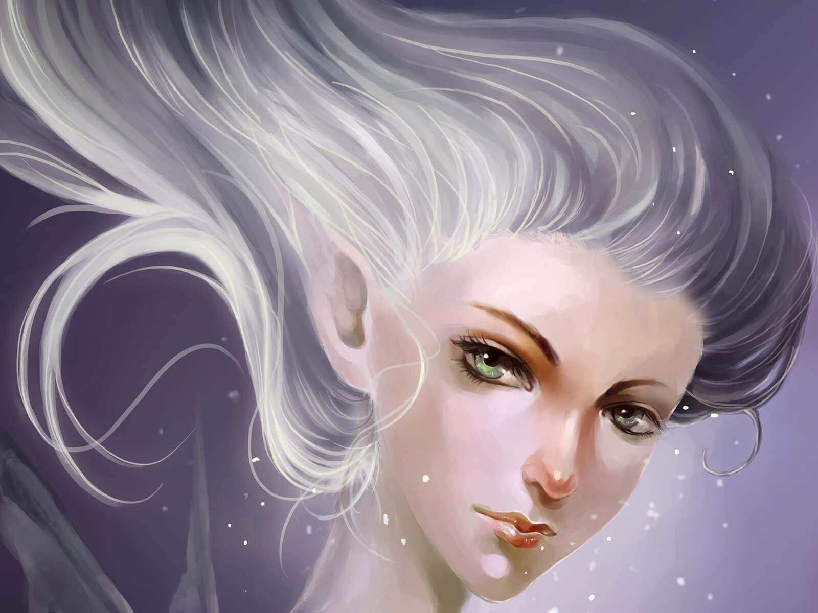 A portrait of a fairy-like character looking over her shoulder at the viewer, her white hair caught in an updraft.