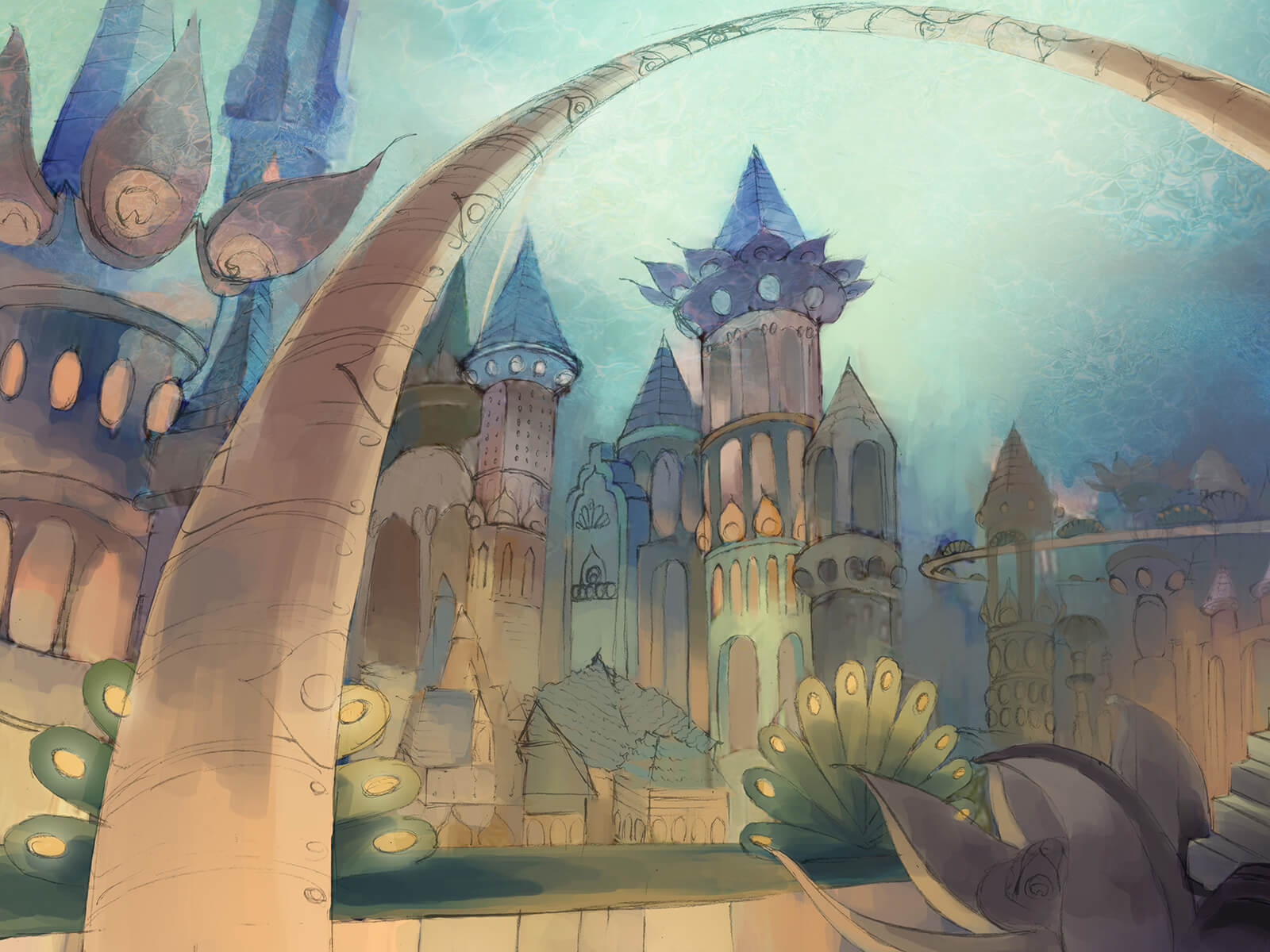 Two views of an underwater city colored in muted pastel tones, full of towers, arches, and massive, ornate buildings.