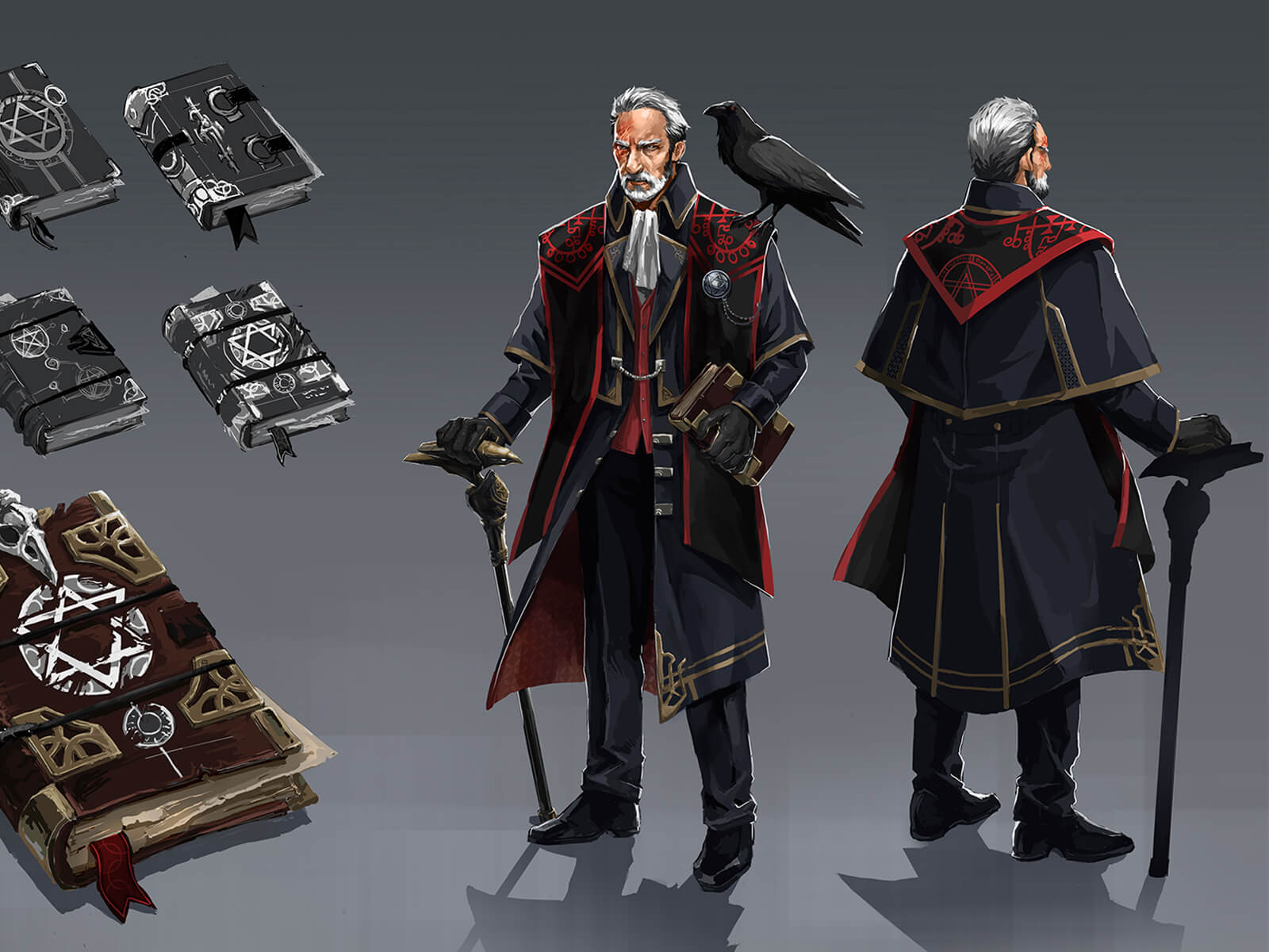 An old man in steampunk-style wear with a raven on his shoulder, with development sketches of his ornate cane and journal.