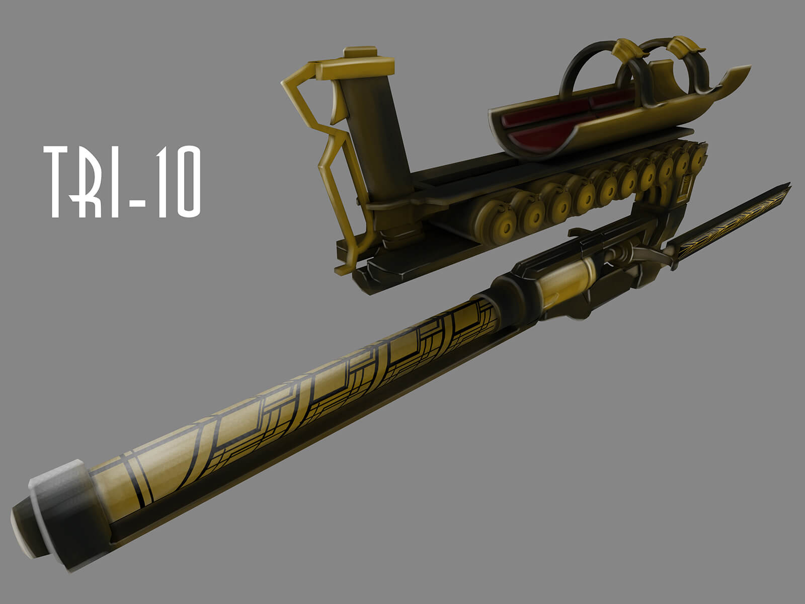 Concept art of a mechanical, arm-held weapon with a black, gold-and-black adorned shaft, and concealed gun barrel.