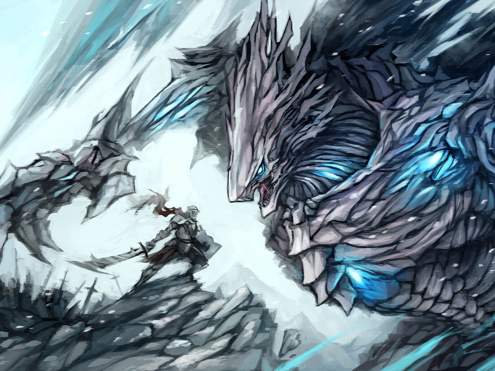 A knight with a sword and iron armor stands off against a gray, stone-faceted beast with glowing-blue points around its body.