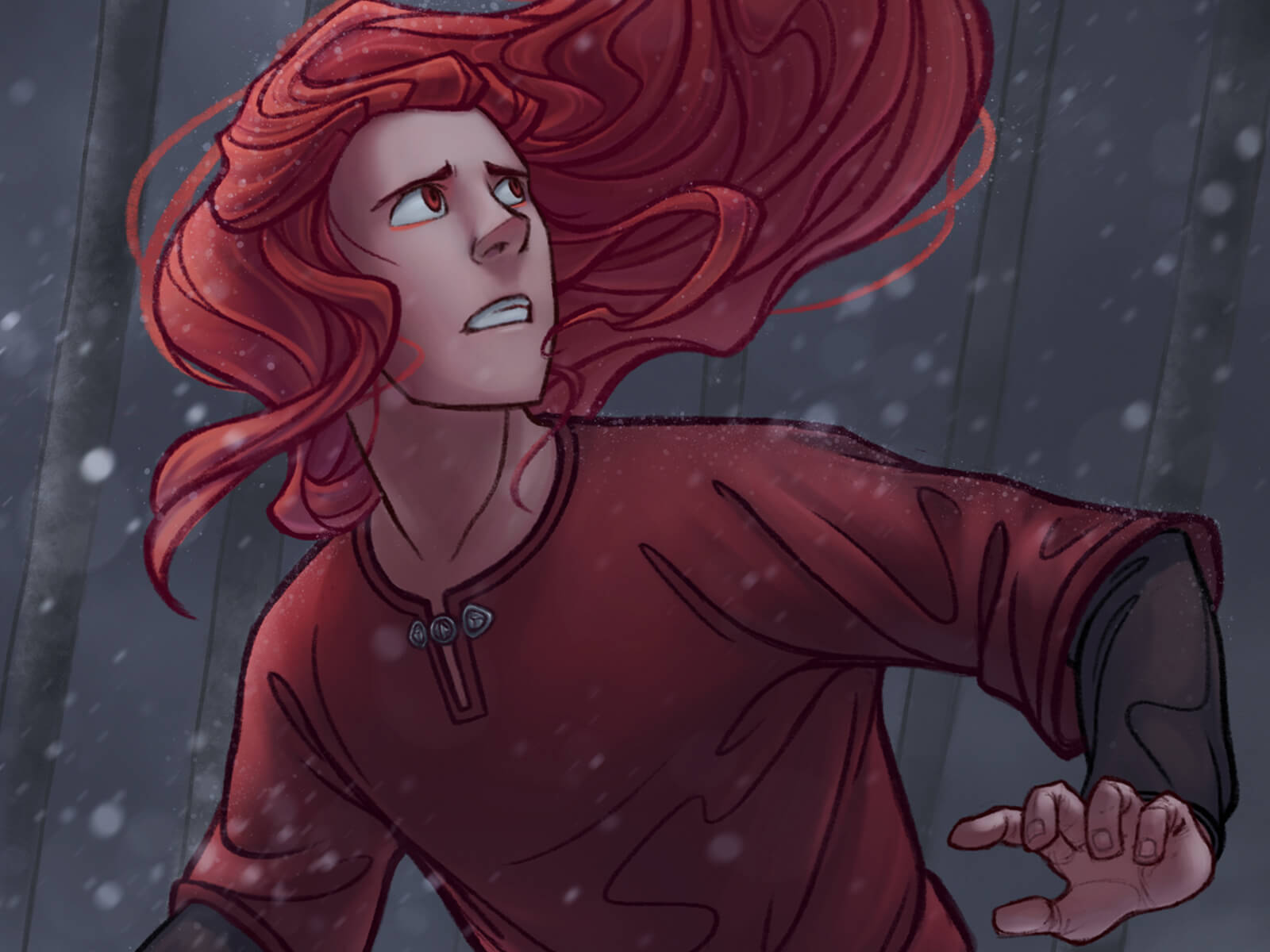 A man with long red hair in a red tunic looks worriedly over his shoulder in a snowy environment.