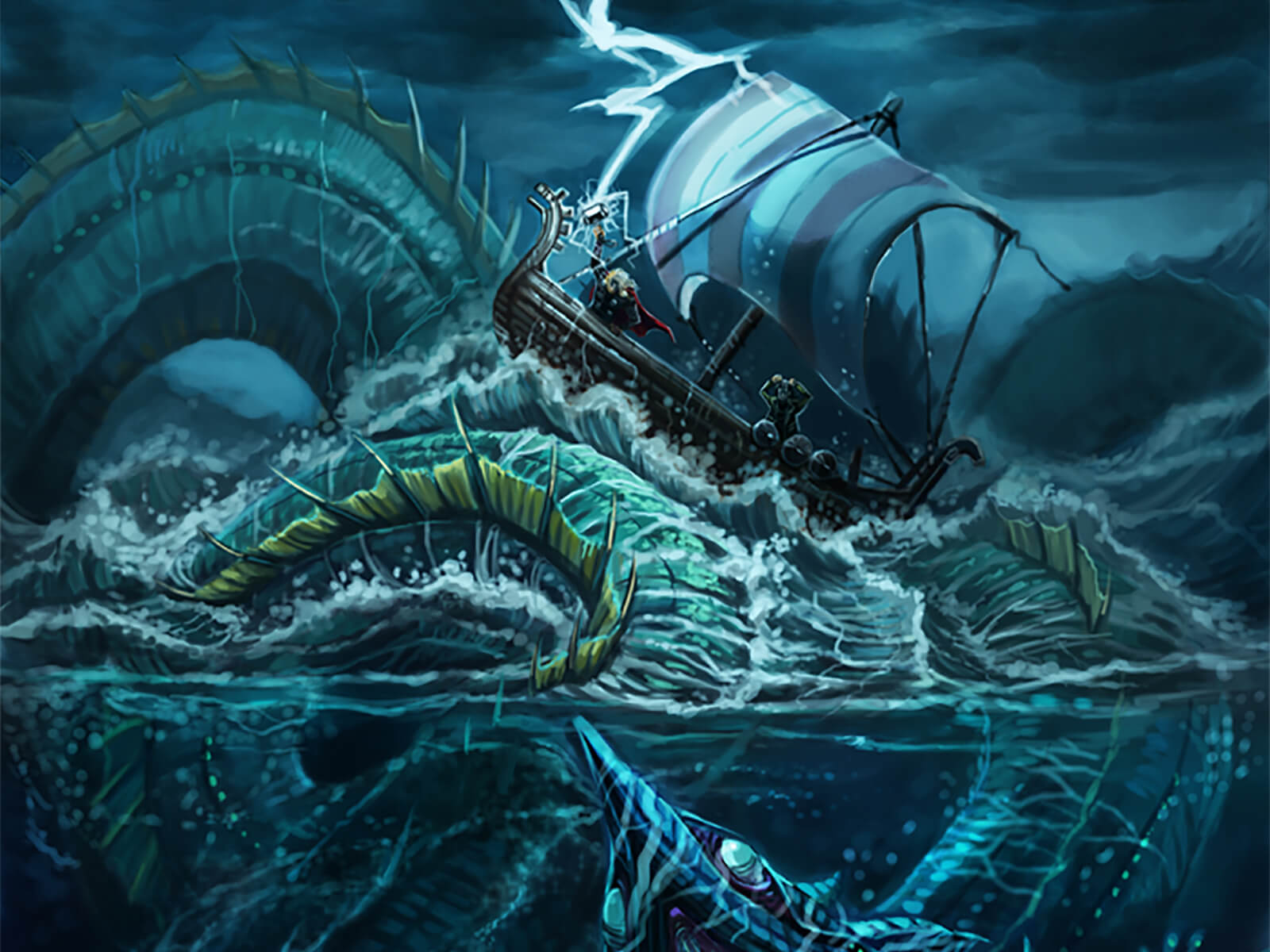 A occupant aboard a viking-style ship is struck by lightning as he is raised above the waves by a massive sea monster below.