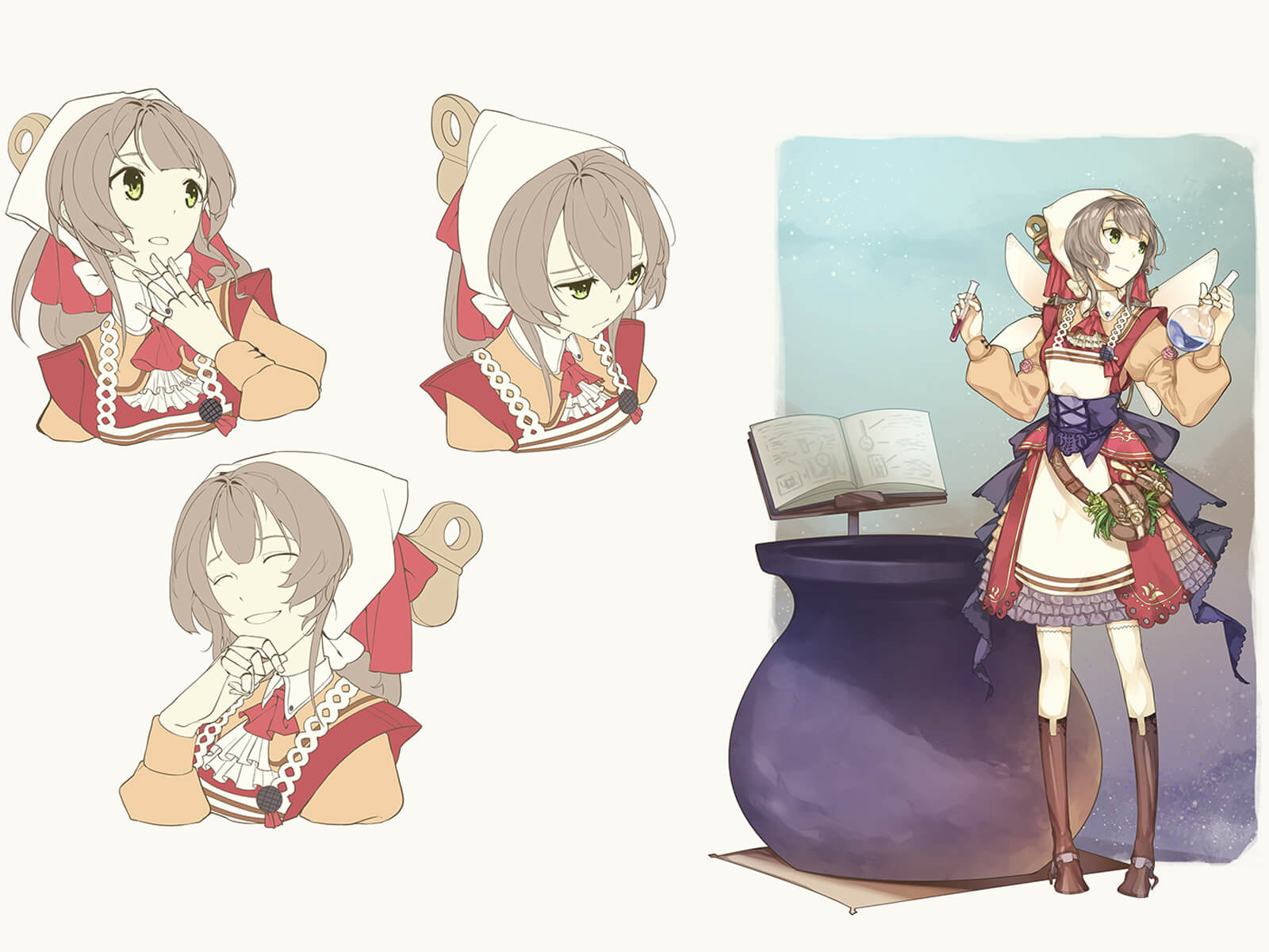 Character sketches of a young woman in red-white-and-blue country-style garb holding an ornate magical staff.