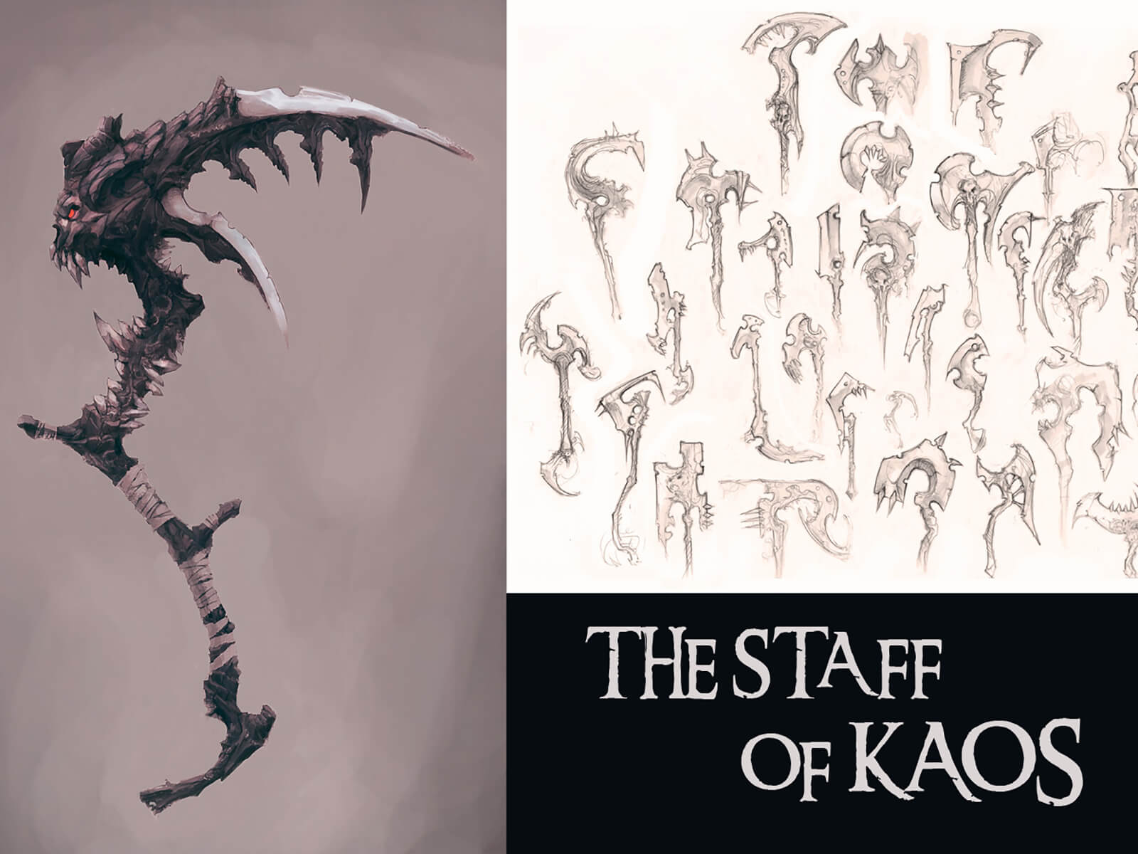 Development sketches of a menacing, gnarled double-bladed scythe fashioned with jagged face-like and skeletal protuberances.