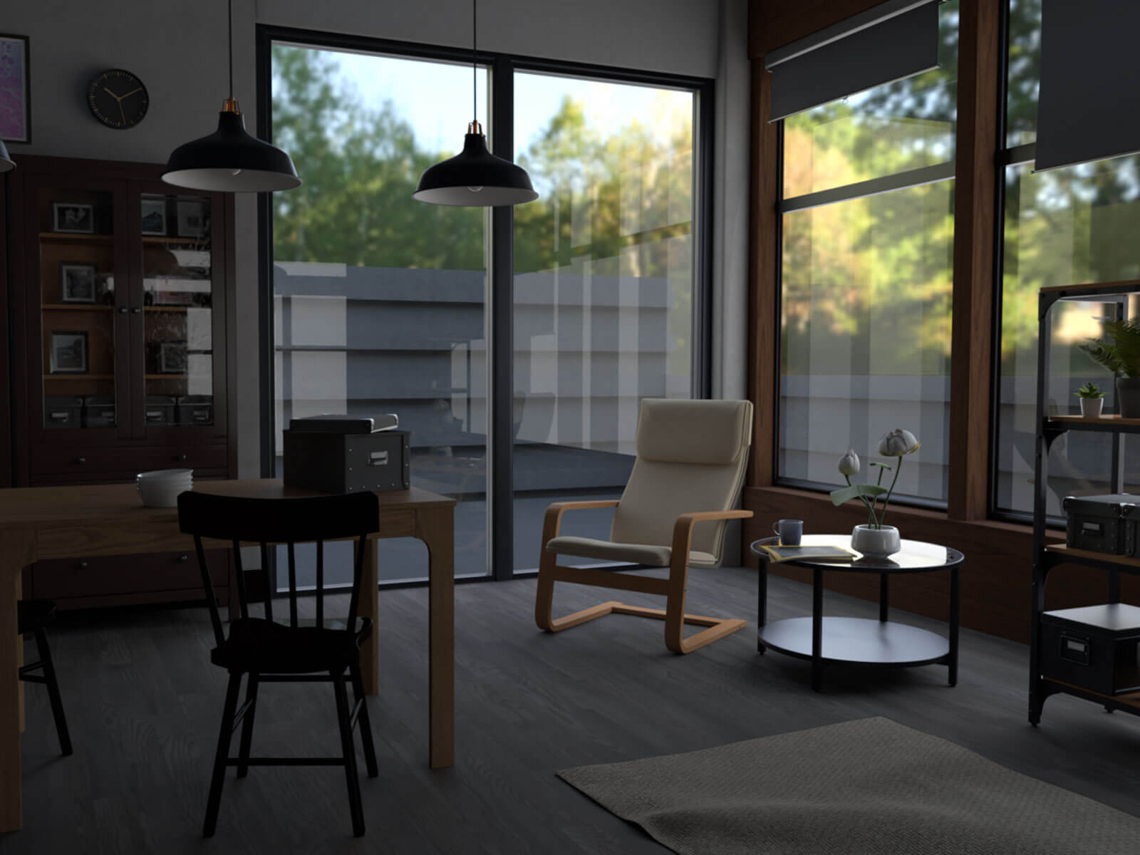 3D-modeled scene of a lounge looking out into a fenced yard.