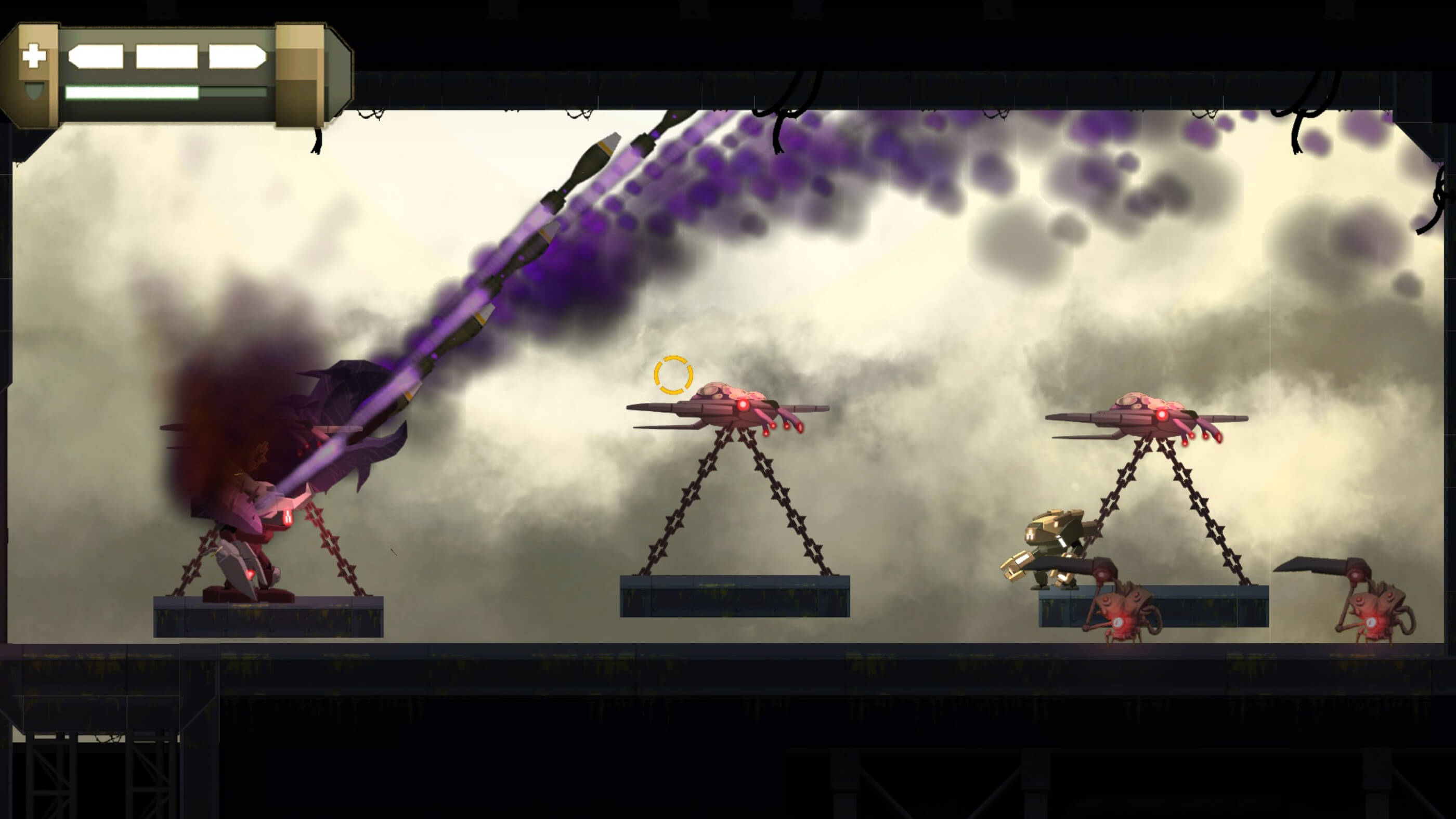 Yellow mech stands atop a platform being carried by pink flying machines