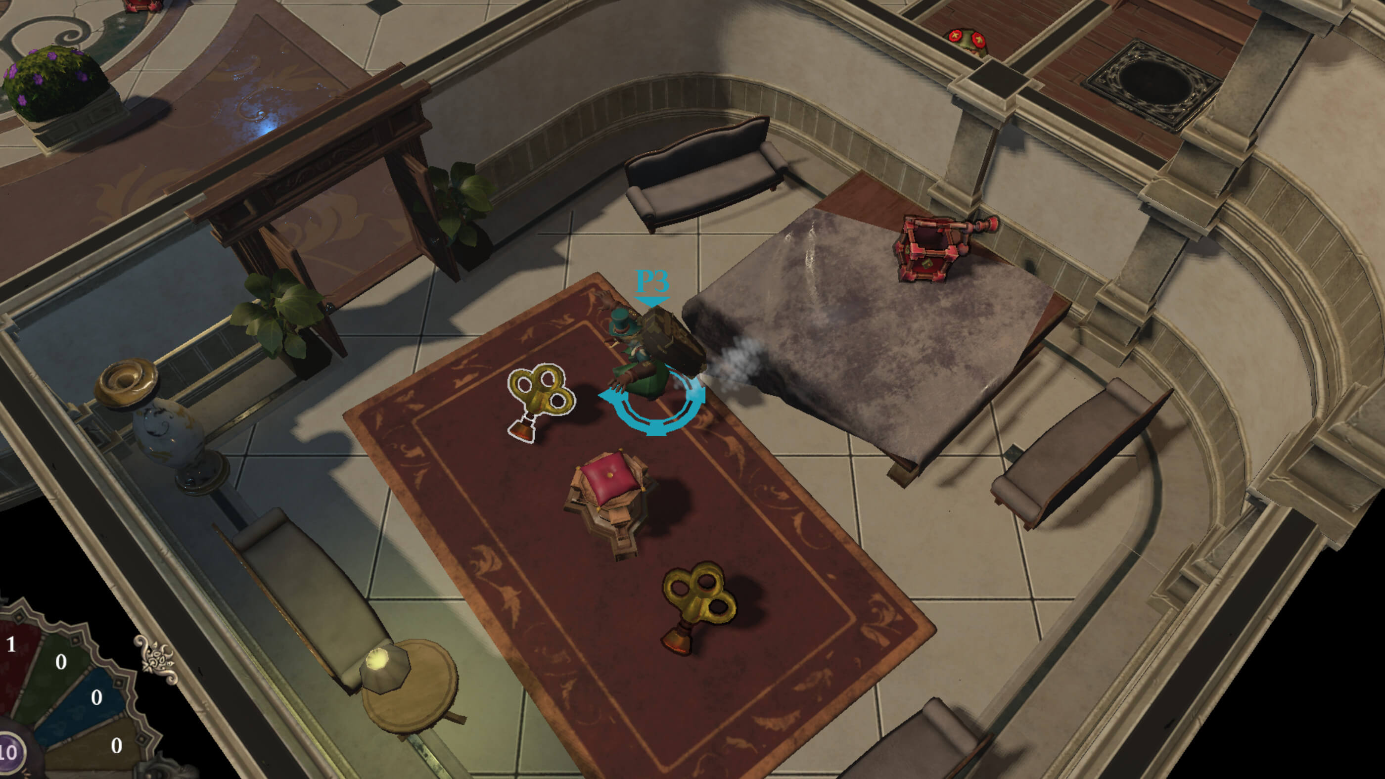 Top-down view of player running to collect an item in a small room