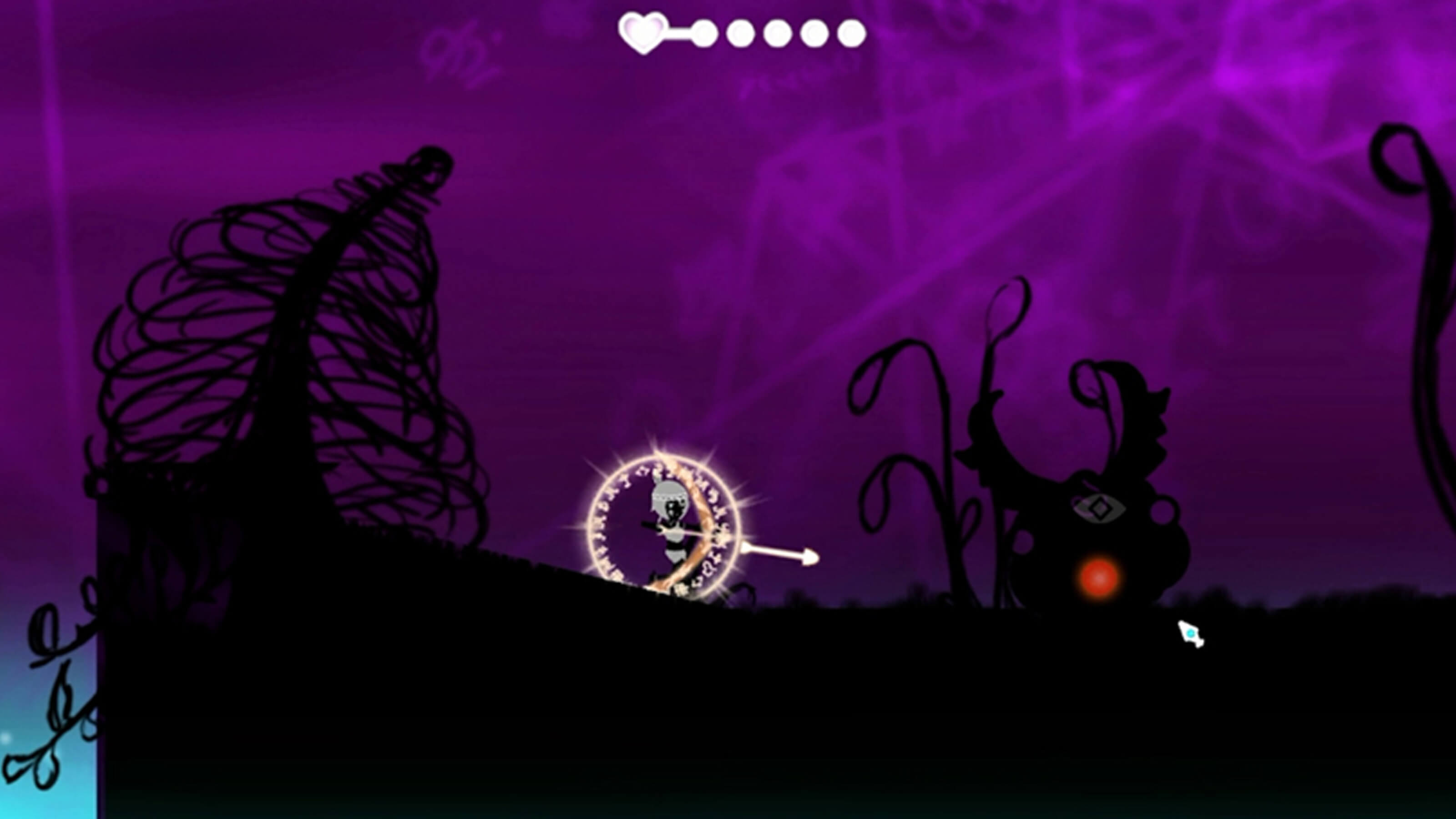 The player's character shoots a shining white arrow at an enemy. She is surrounded by a circle of glowing, white runes.
