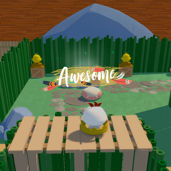 A small white chicken stands on a wooden hedge maze platform as the word "awesome" appears in white script above.