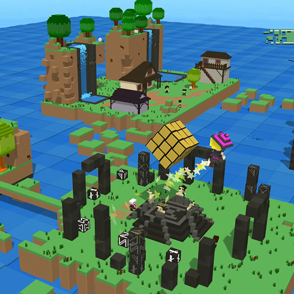Isometric view of a 3D voxel world, made of green islands filled with ruins, villages, and waterfalls.