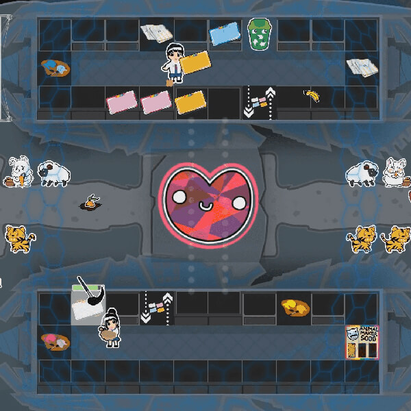 In a top-down underground game level, vibrant animal stickers surround a large, central heart shape with a smiley face.