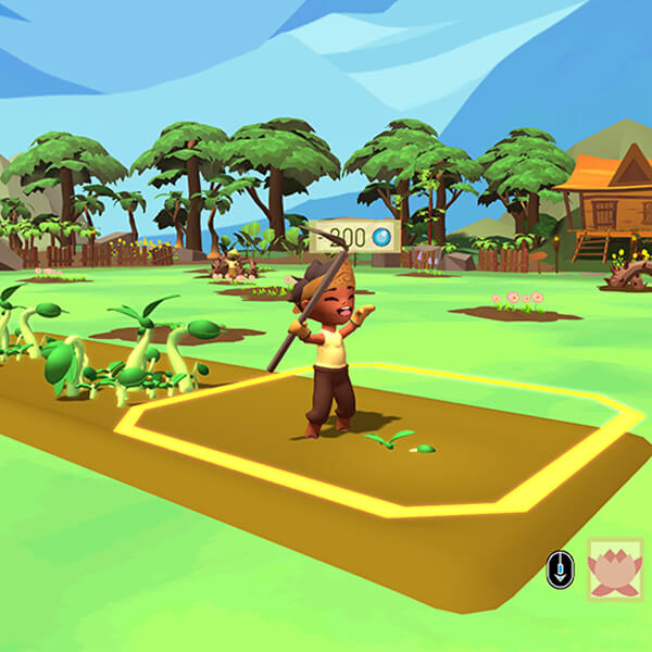 A farmer cheers, holding a hoe aloft, standing in a plot of dirt, surrounded by other crops in a small, colorful village.
