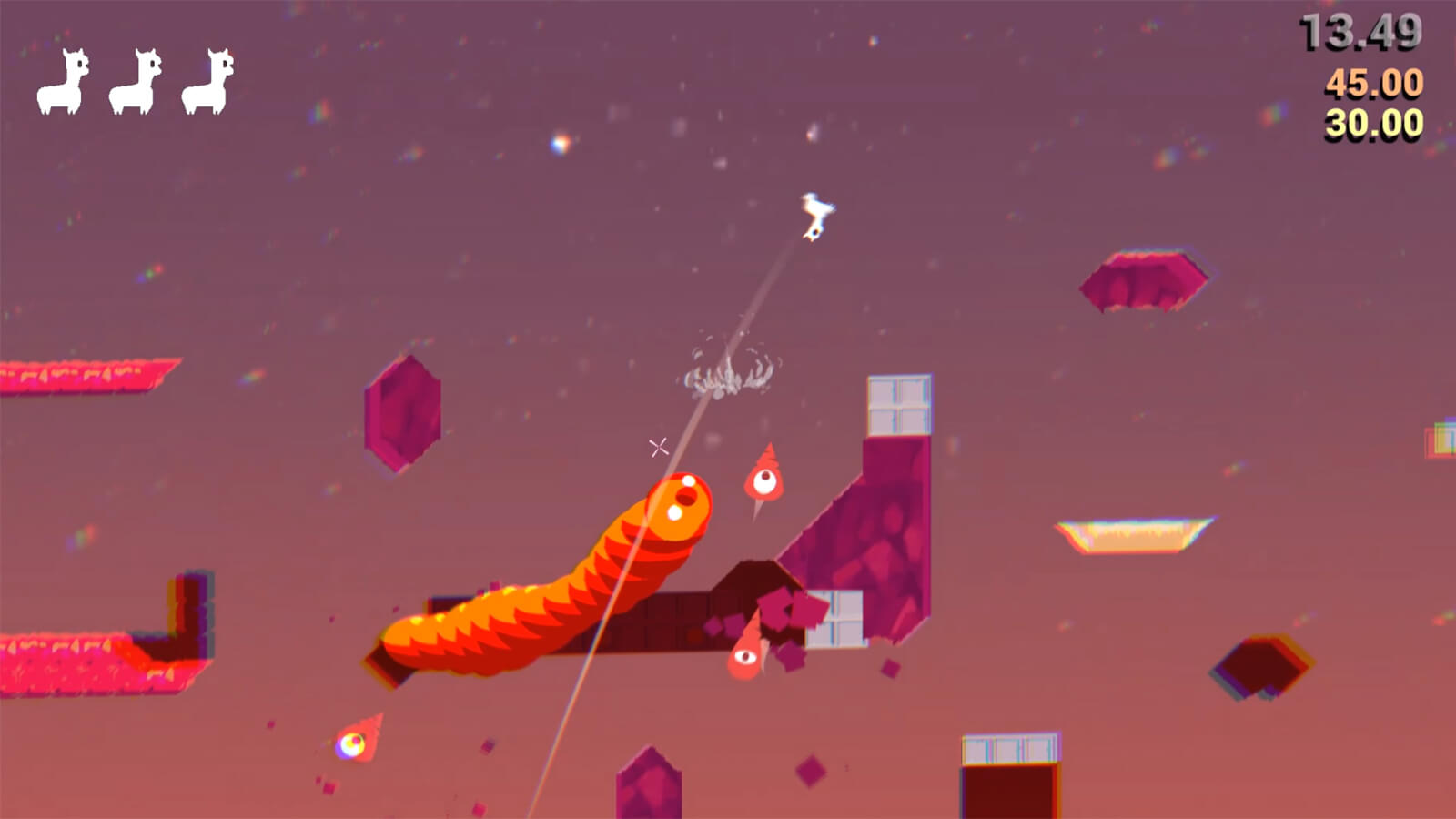 A small, white, two-dimensional alpaca flips through the air spitting at orange drill-shaped and worm-shaped enemies.