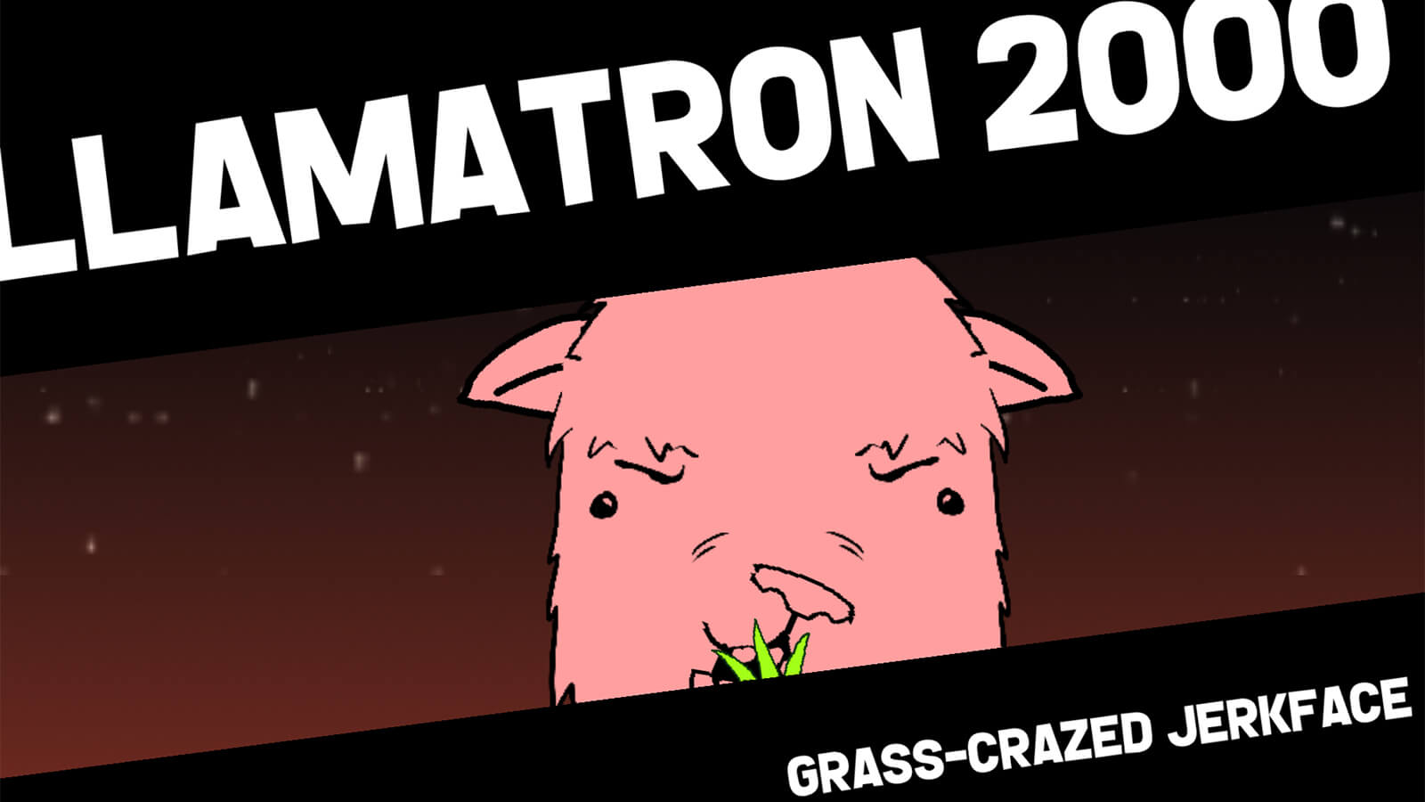 Head-on shot of a 2D-painted pink llama chewing grass. "Llamatron 2000" is seen in white letters above.