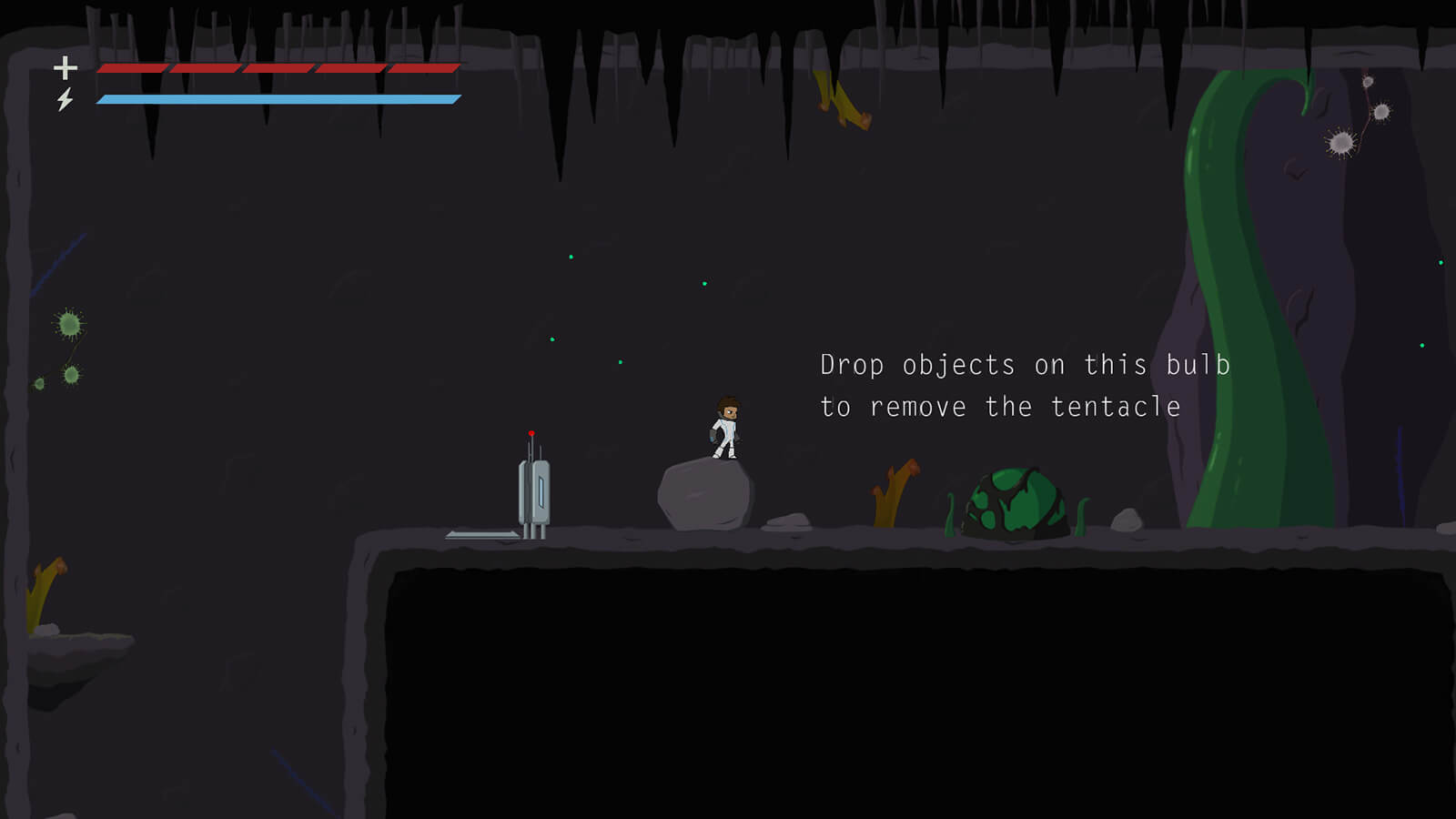 A futuristic 2D character in a white body suit stands in front of a towering green tentacle on a dark, alien world.