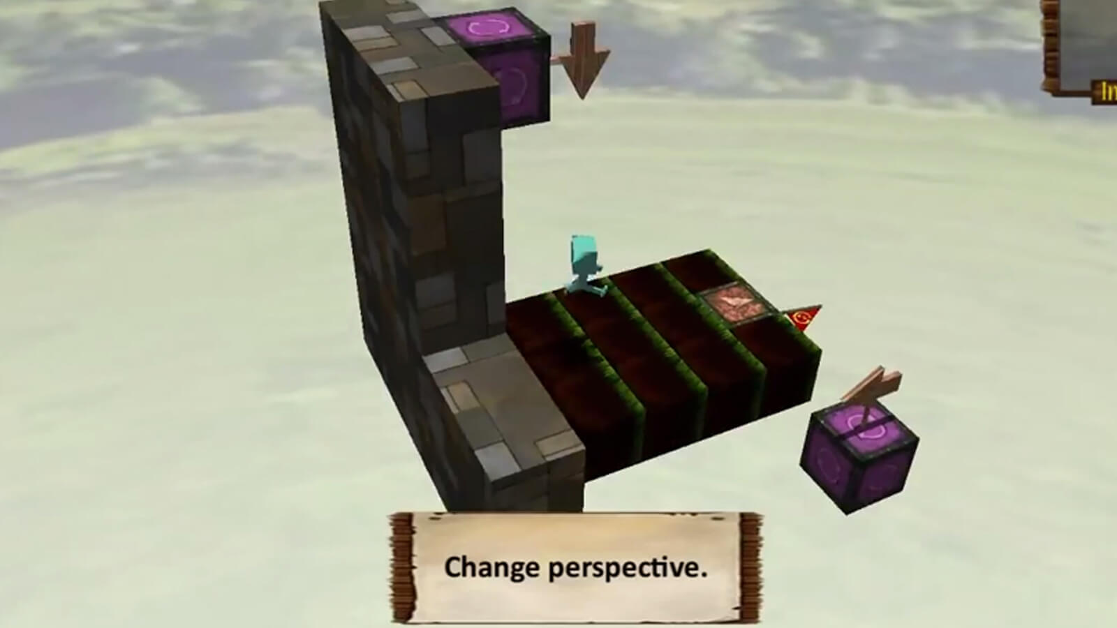 A character runs along the recently upturned wall face. The words "Change Perspective" appear on screen.