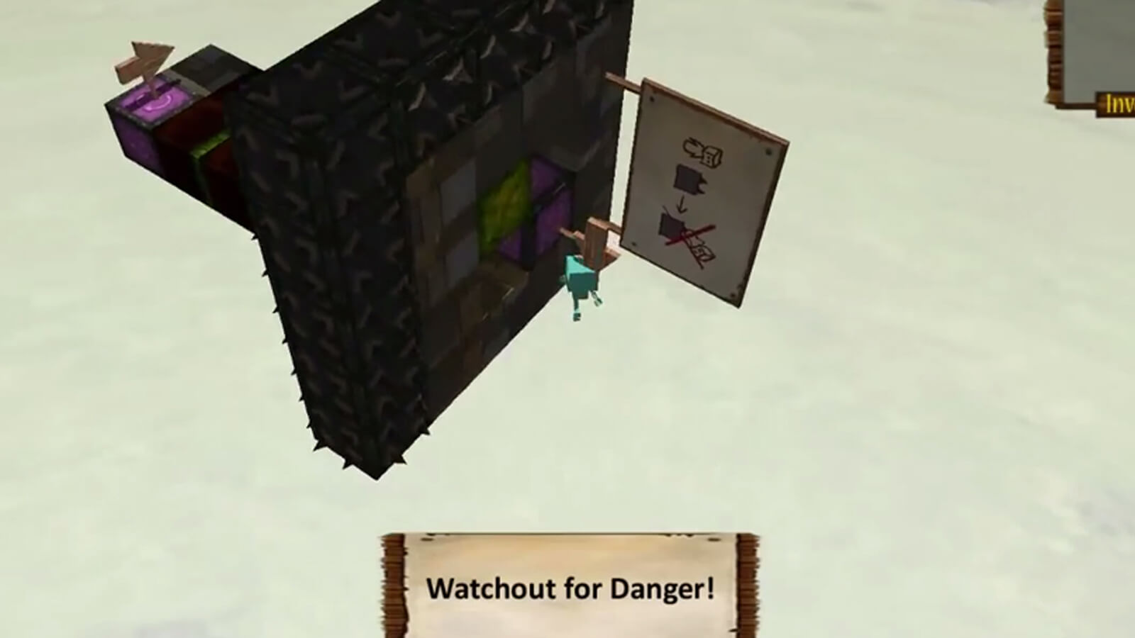 The floating platform flips, dropping the player into the void. "Watchout for Danger!" appears on screen.
