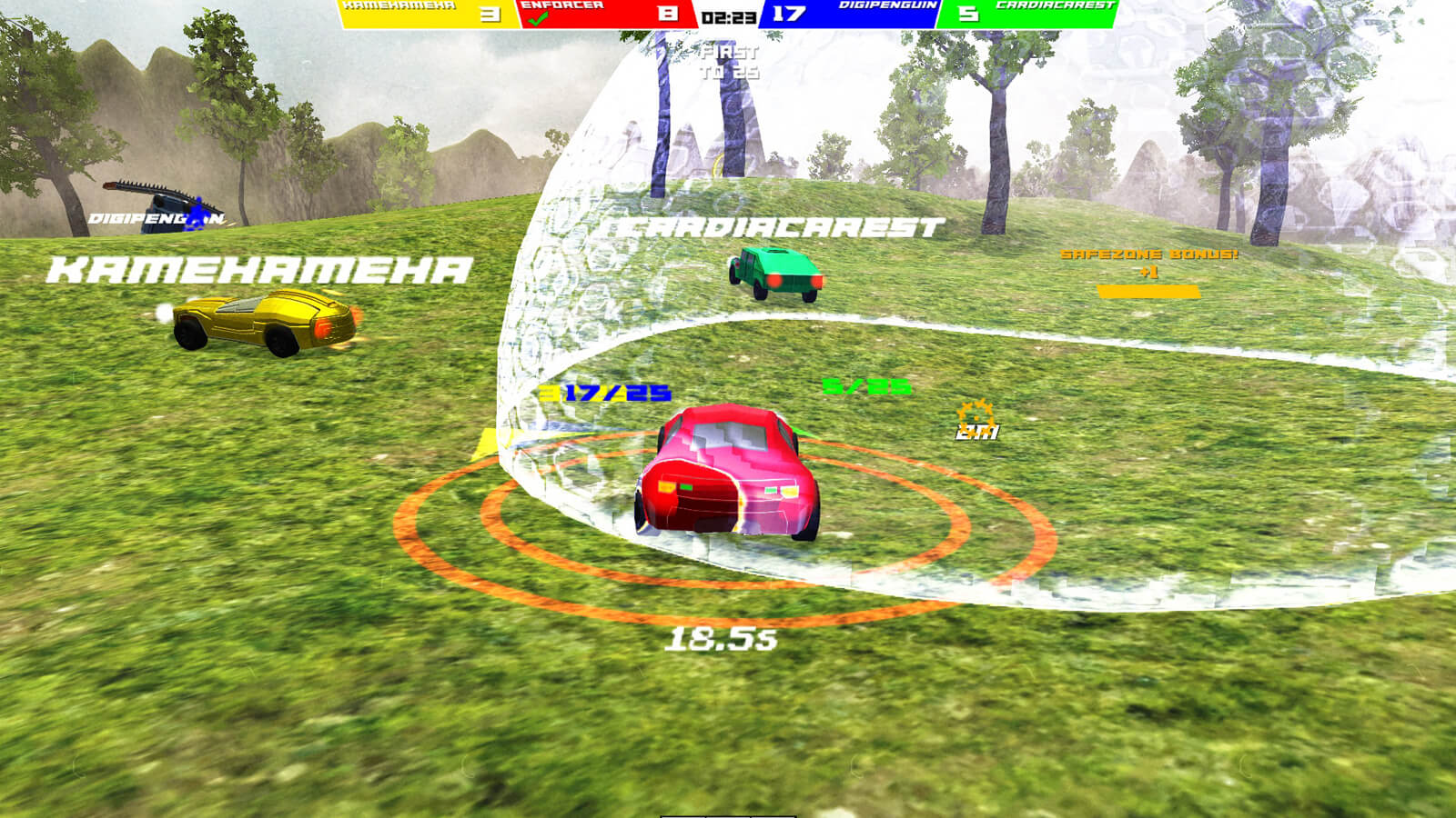A red car enters a translucent bubble dome as yellow and green cars speed away