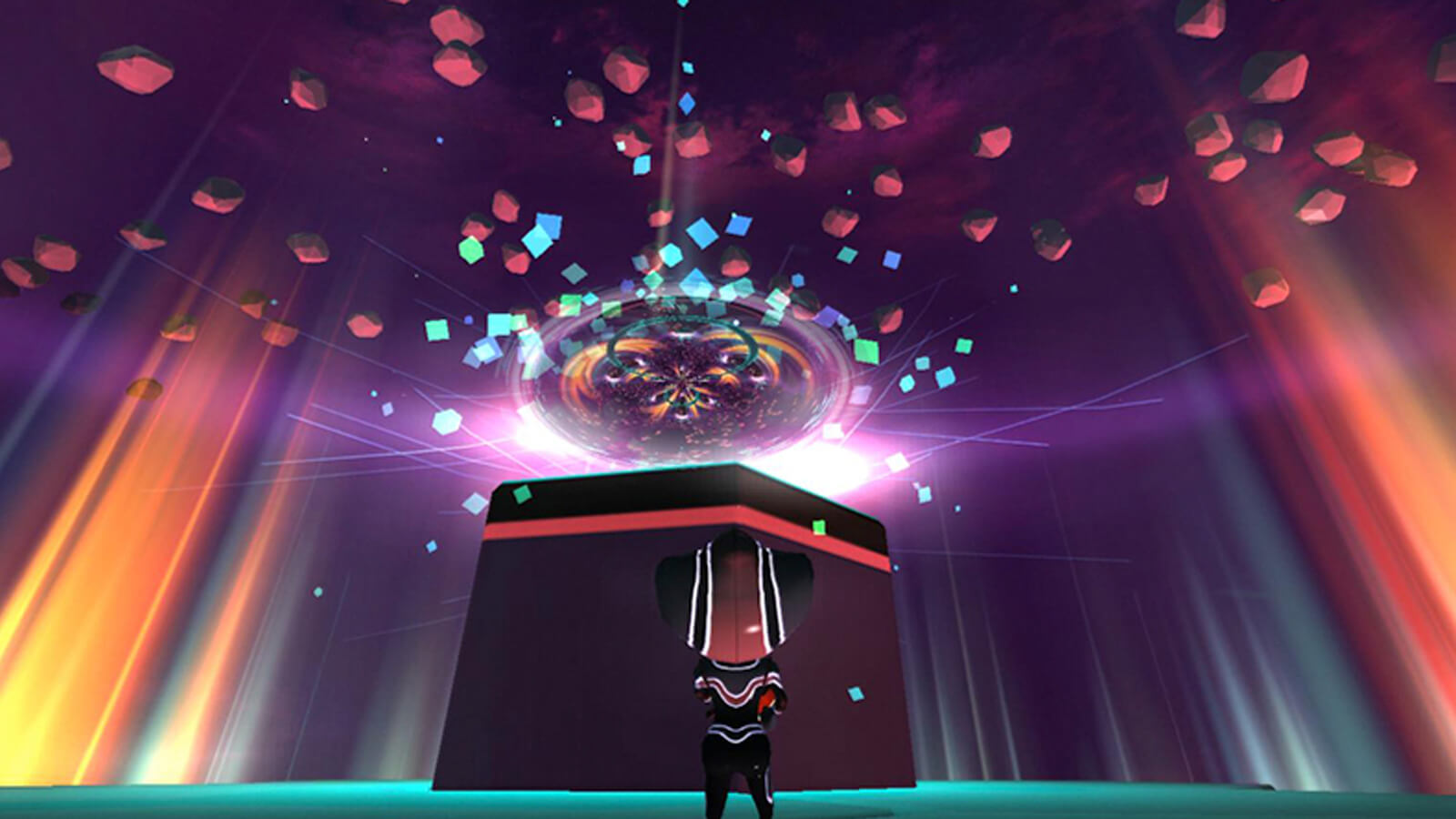 The player's character stares up at a raised platform as red, green, and blue blocks, rays, and particles swirl above