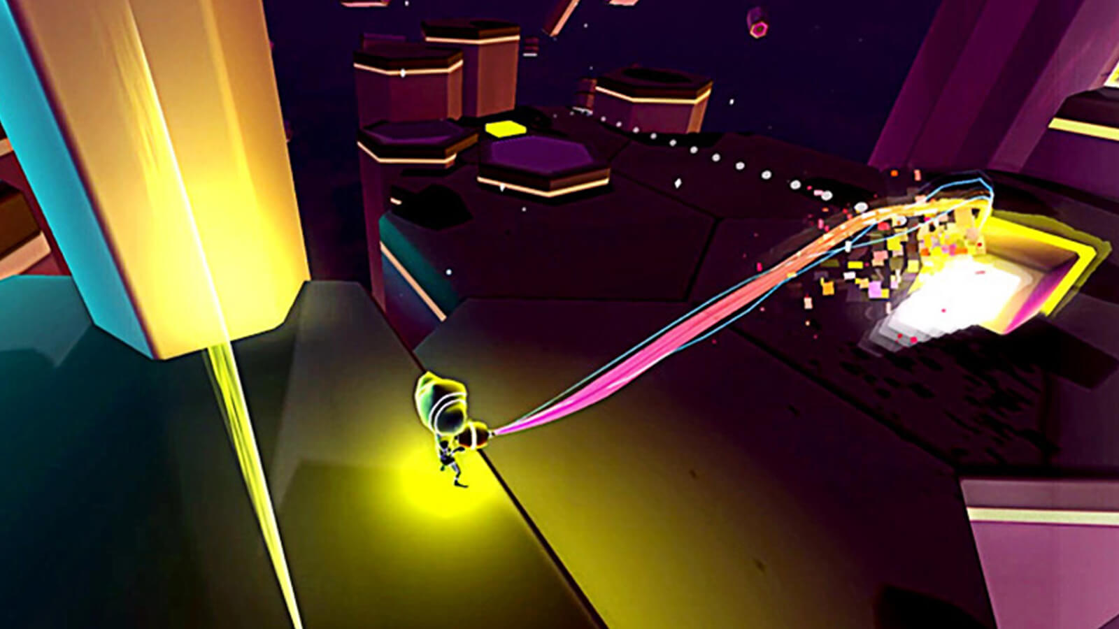 The player's weapon emanates a multicolored ray at a block of glowing material