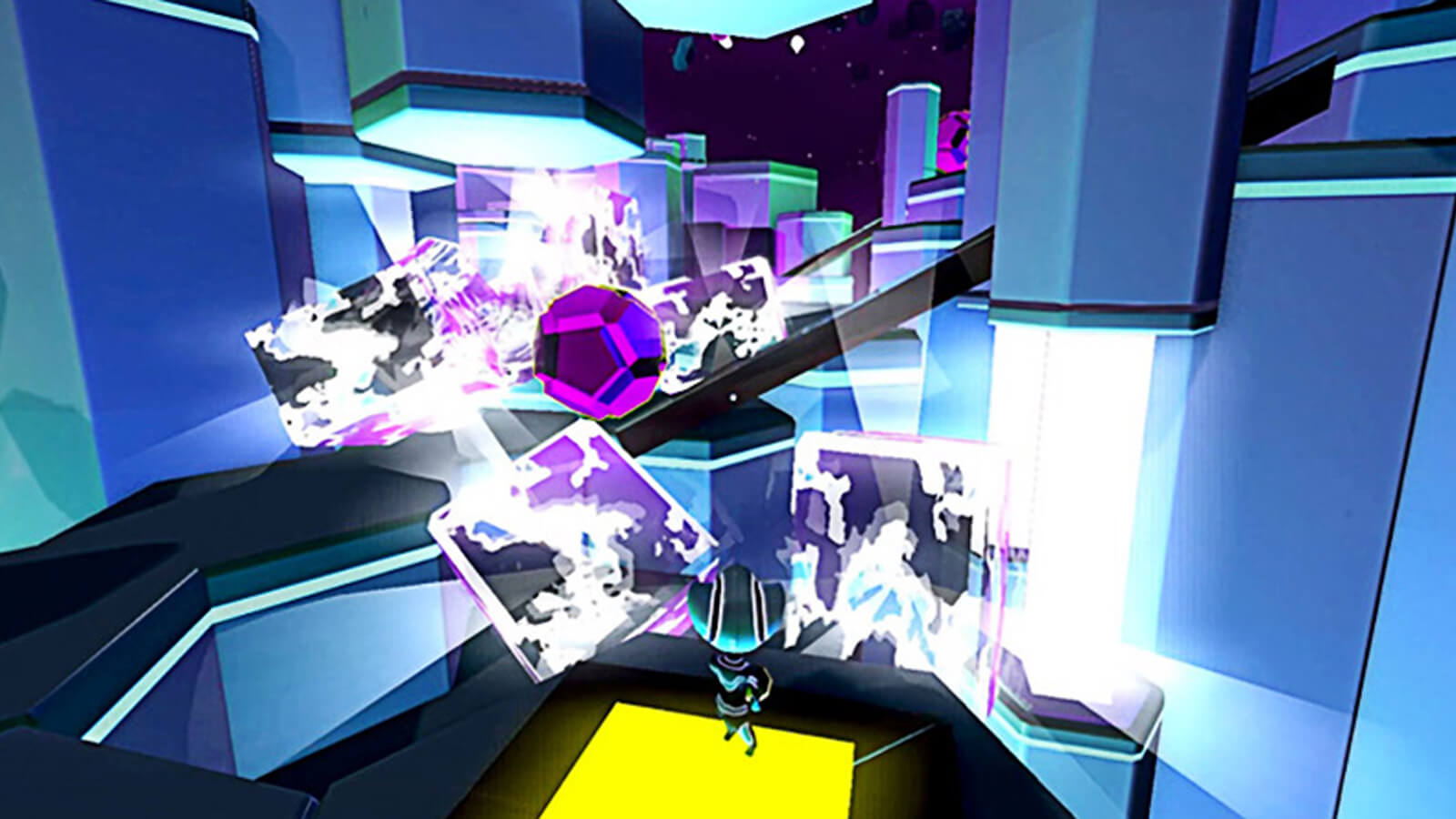 The player's character looks on as a magenta ball rolls down a ramp in front of it