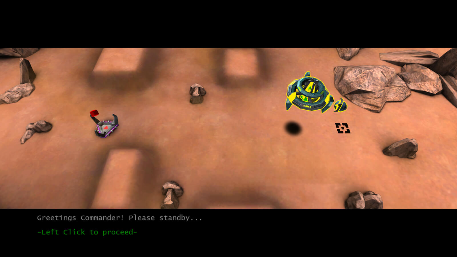 The player's green and yellow ship hovers above rocky terrain