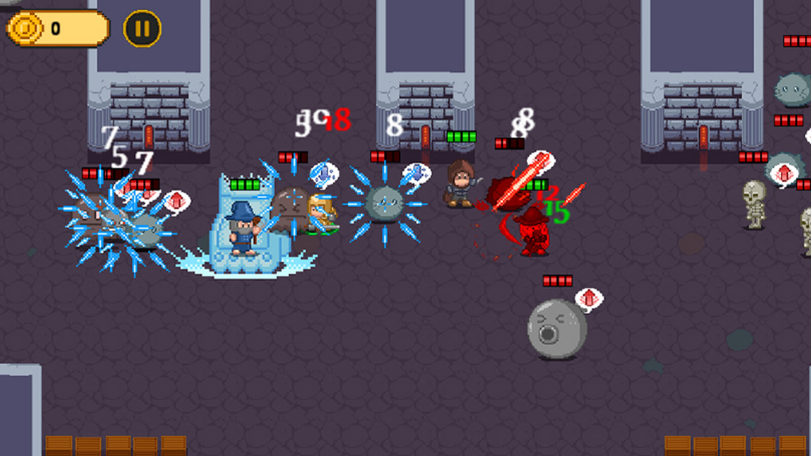 Three characters fight a group of gray sphere enemies. Damage indicators and HP bars can be seen throughout.
