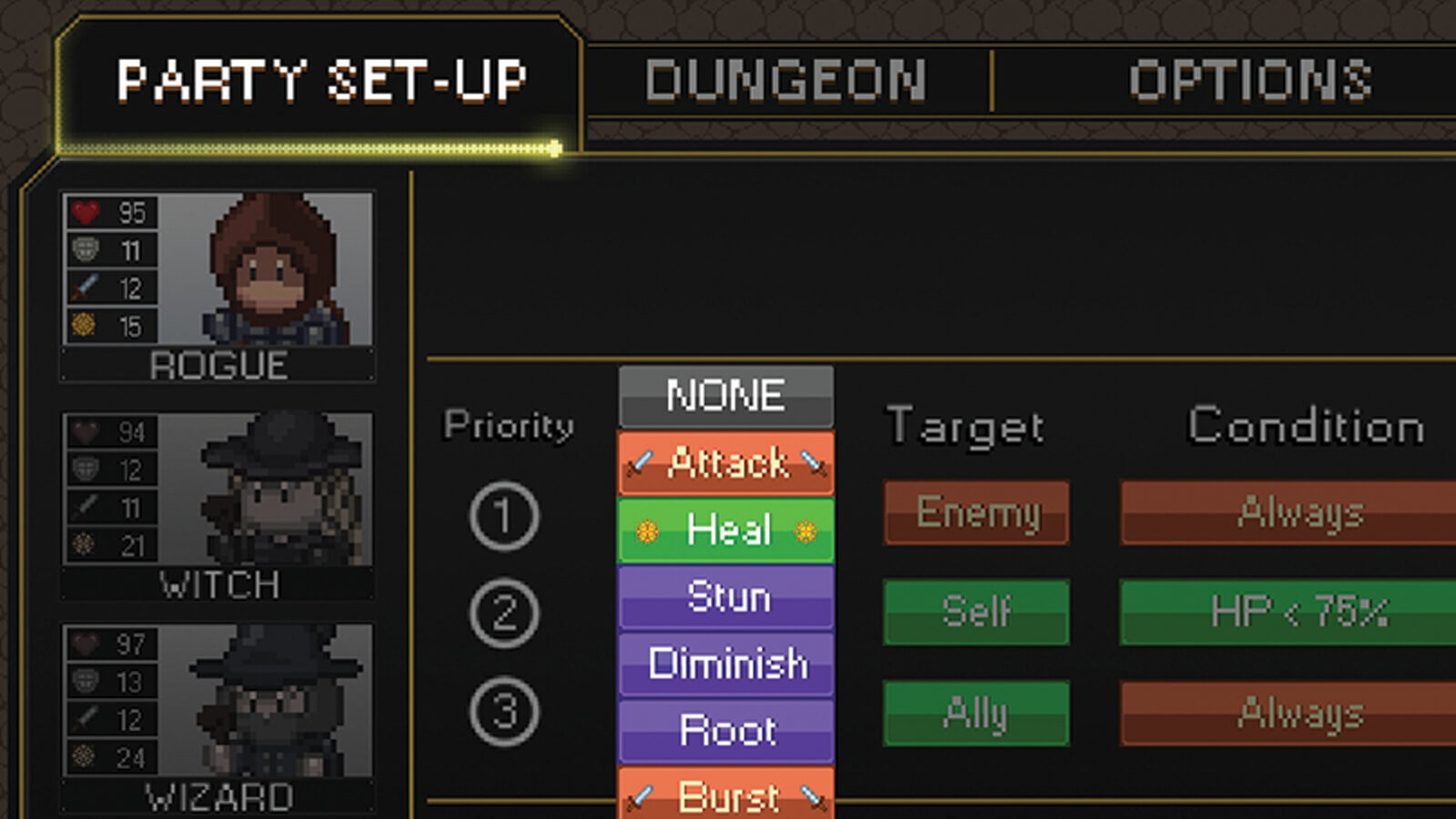 The party set-up screen indicating what actions the character will prioritize while in battle