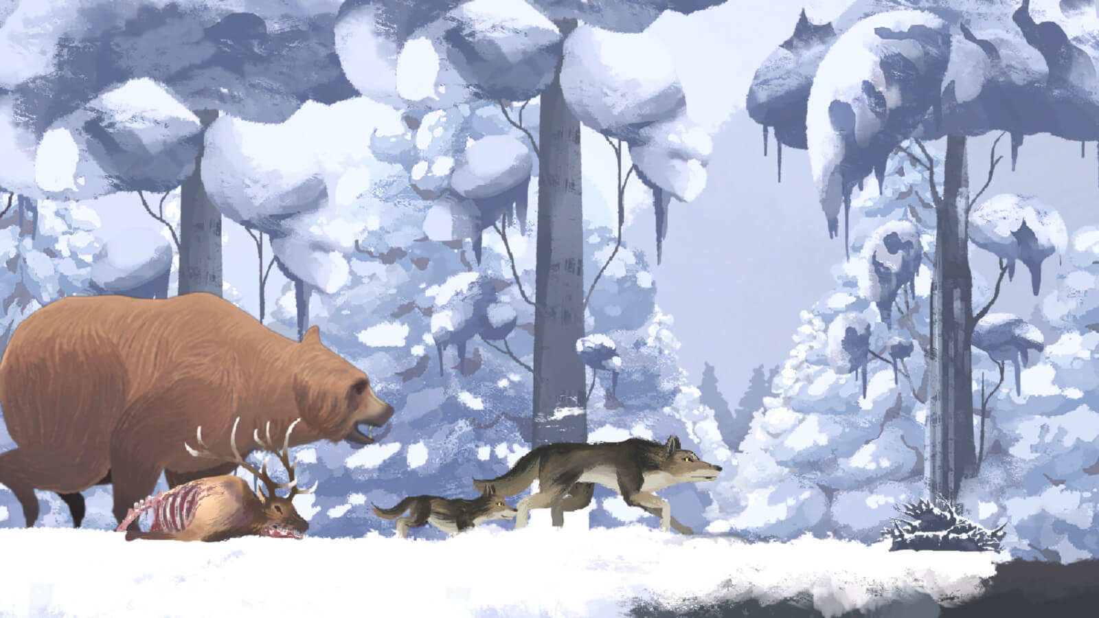 A wolf and pup run in front of a grizzly bear set against a winter landscape
